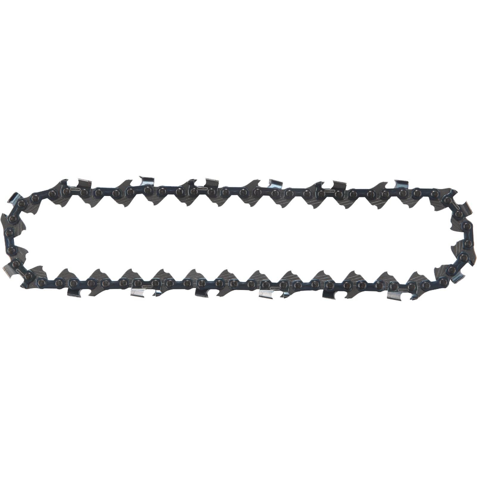 Eine Nahaufnahme einer Sägekette, die die scharfen, gleichmäßig angeordneten Zähne zum Durchschneiden von Holz zeigt.