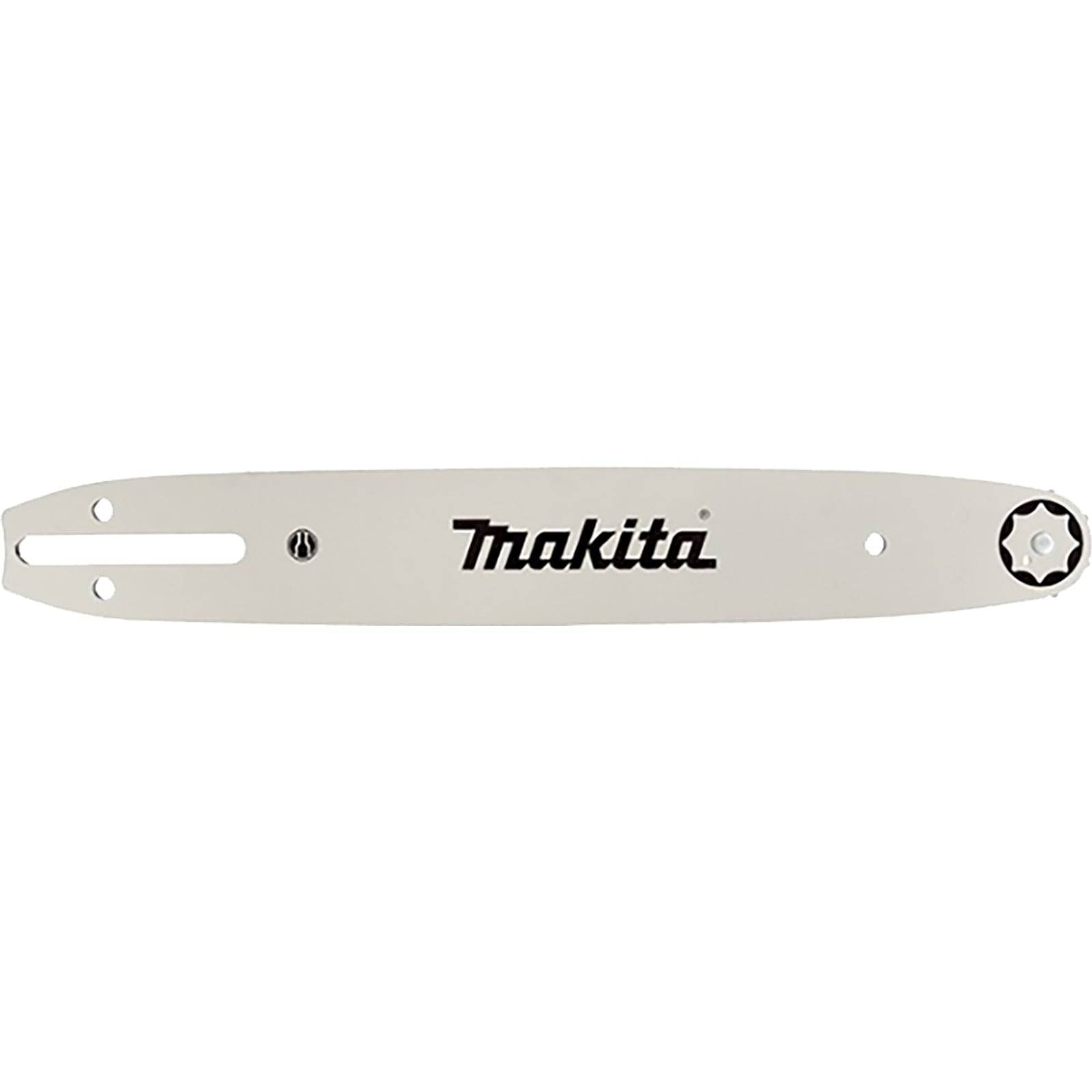 Eine Kettensägenführungsschiene mit dem Markennamen 'Makita', der prominent in der Mitte angebracht ist.