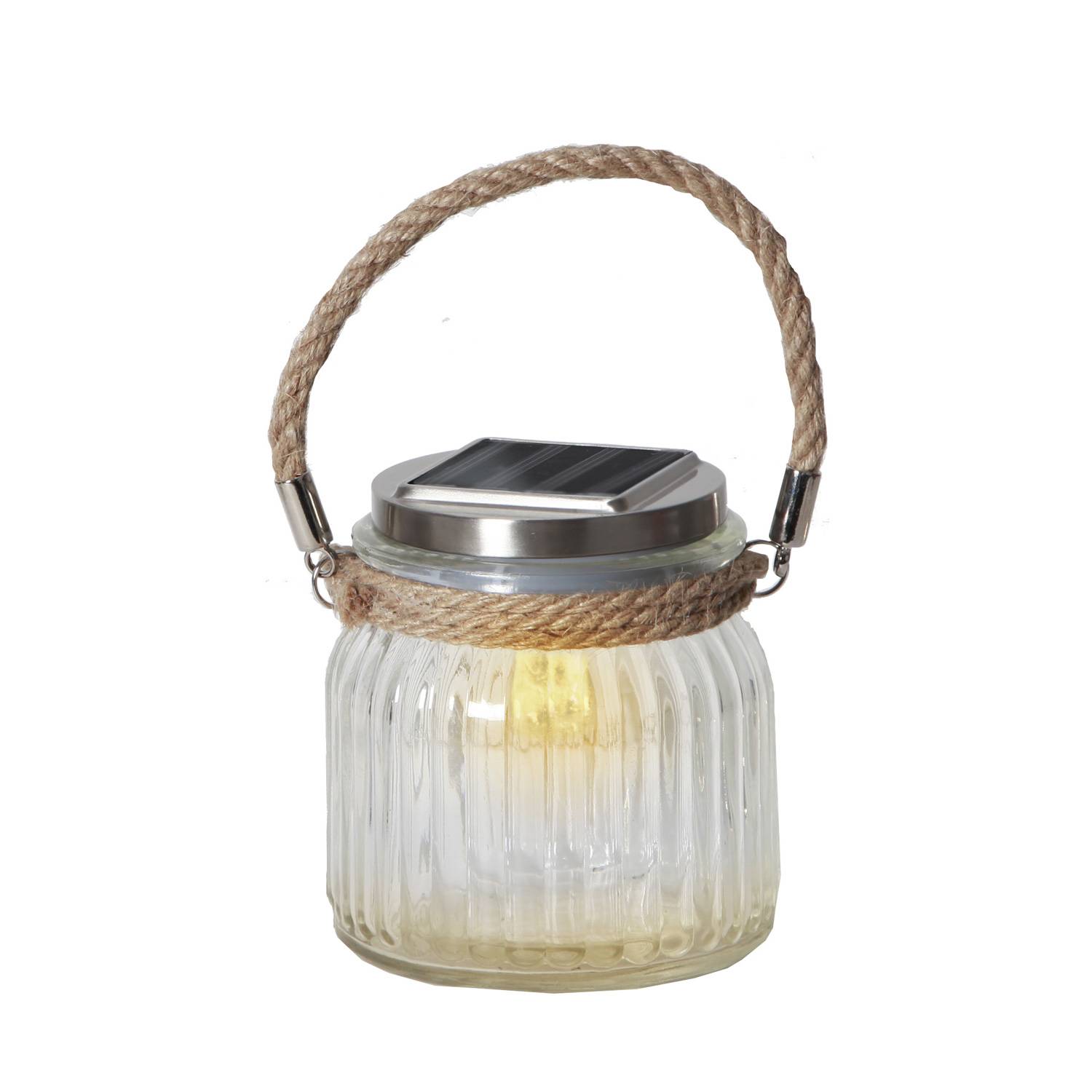 LED Solarglas Solarleuchte Tischleuchte geriffelt mit Juteseil Terrasse H:11,5cm