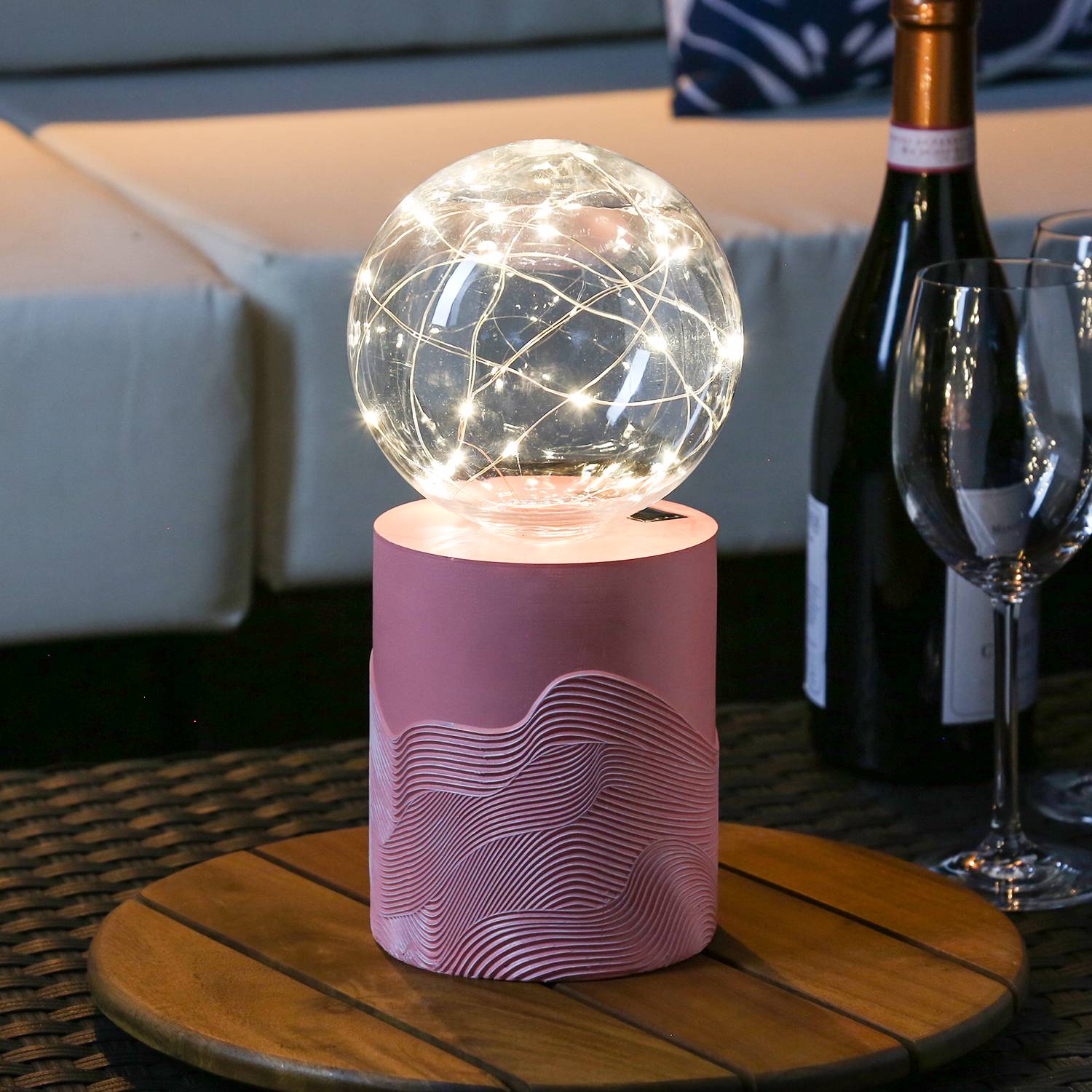 LED Solar Tischlampe GLOW rosa Kugelleuchte mit Drahtlichterkette für Terrasse