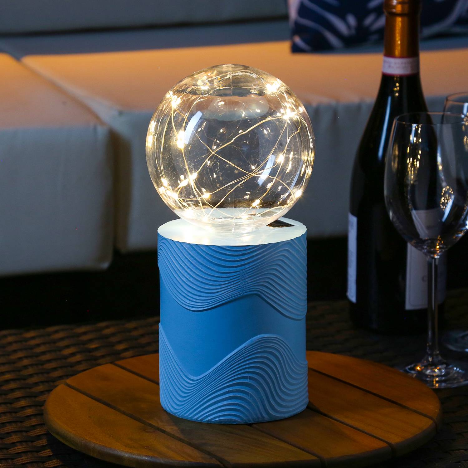 LED Solar Tischlampe GLOW blau Kugelleuchte mit Drahtlichterkette für Terrasse