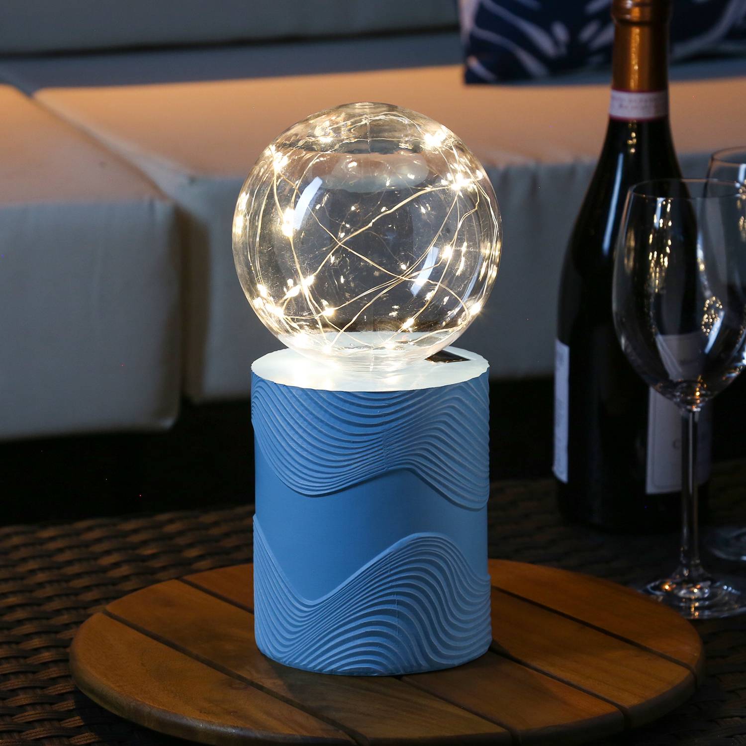LED Solar Tischlampe GLOW blau Kugelleuchte mit Drahtlichterkette für Terrasse