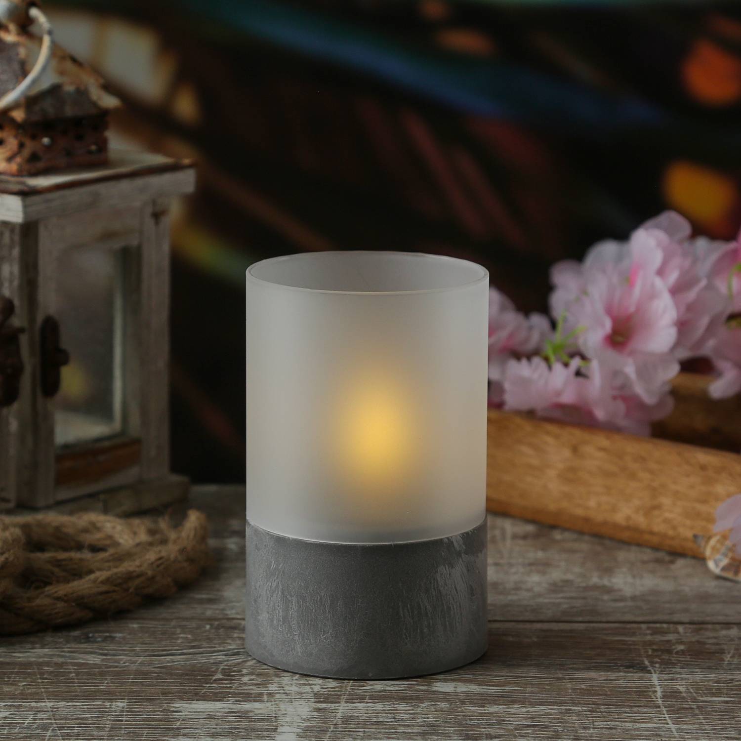 LED Solar Windlicht Solar Kerze Glas mit Lichtsensor flackernd Tischleuchte grau