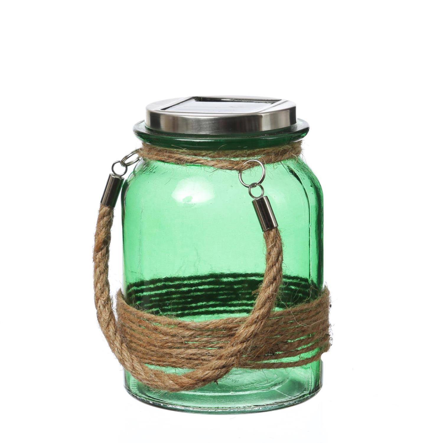 LED Solarglas mit Juteseil Windlicht Laterne Solarleuchte Tischleuchte 16cm grün