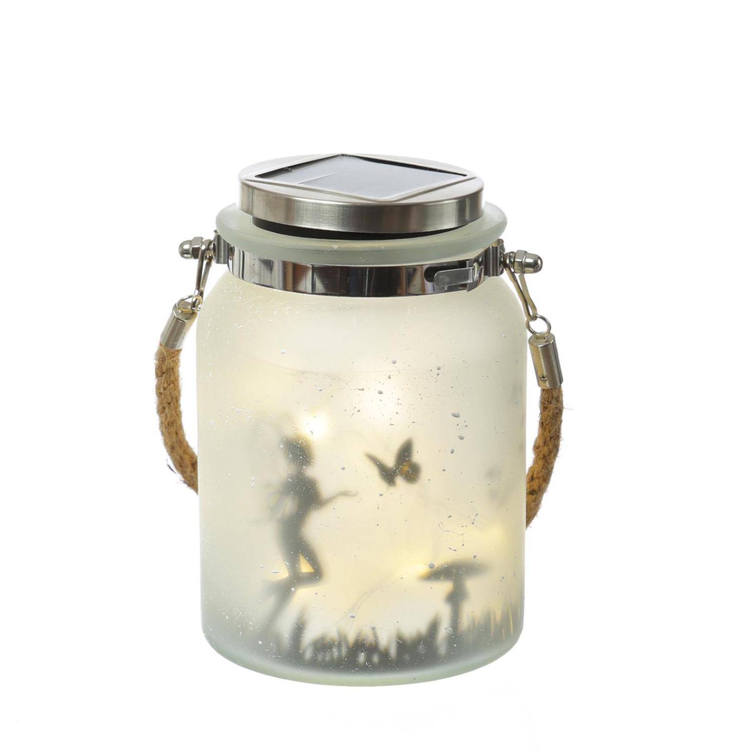 LED Solarglas Schmetterlingsfee mit Juteseil Windlicht Feenlicht Laterne 16cm