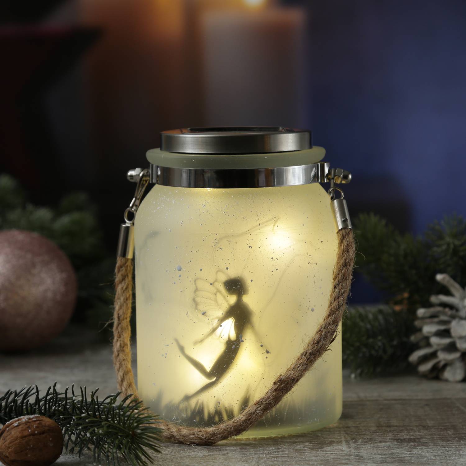 LED Solarglas Schmetterlingsfee mit Juteseil Windlicht Feenlicht Laterne 16cm