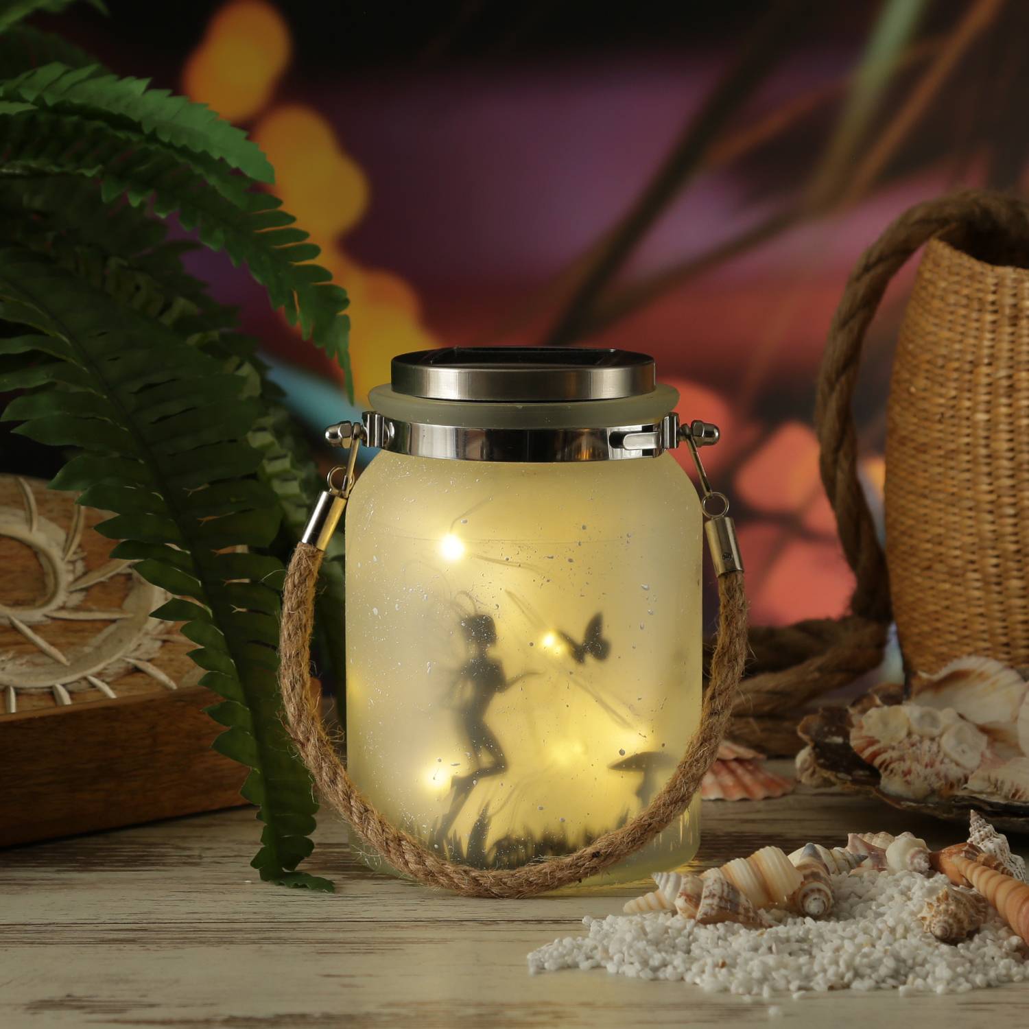 LED Solarglas Schmetterlingsfee mit Juteseil Windlicht Feenlicht Laterne 16cm