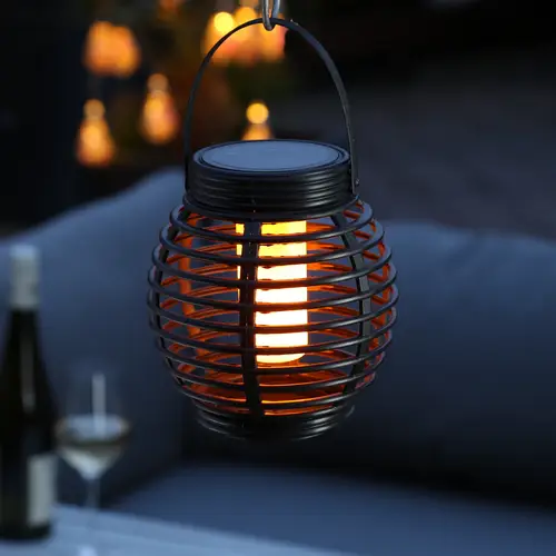 LED Solar Laterne Flammeneffekt Balkon Tischleuchte Korboptik Sensor schwarz LED Solar Laterne Flammeneffekt Balkon Tischleuchte Korboptik Sensor schwarz