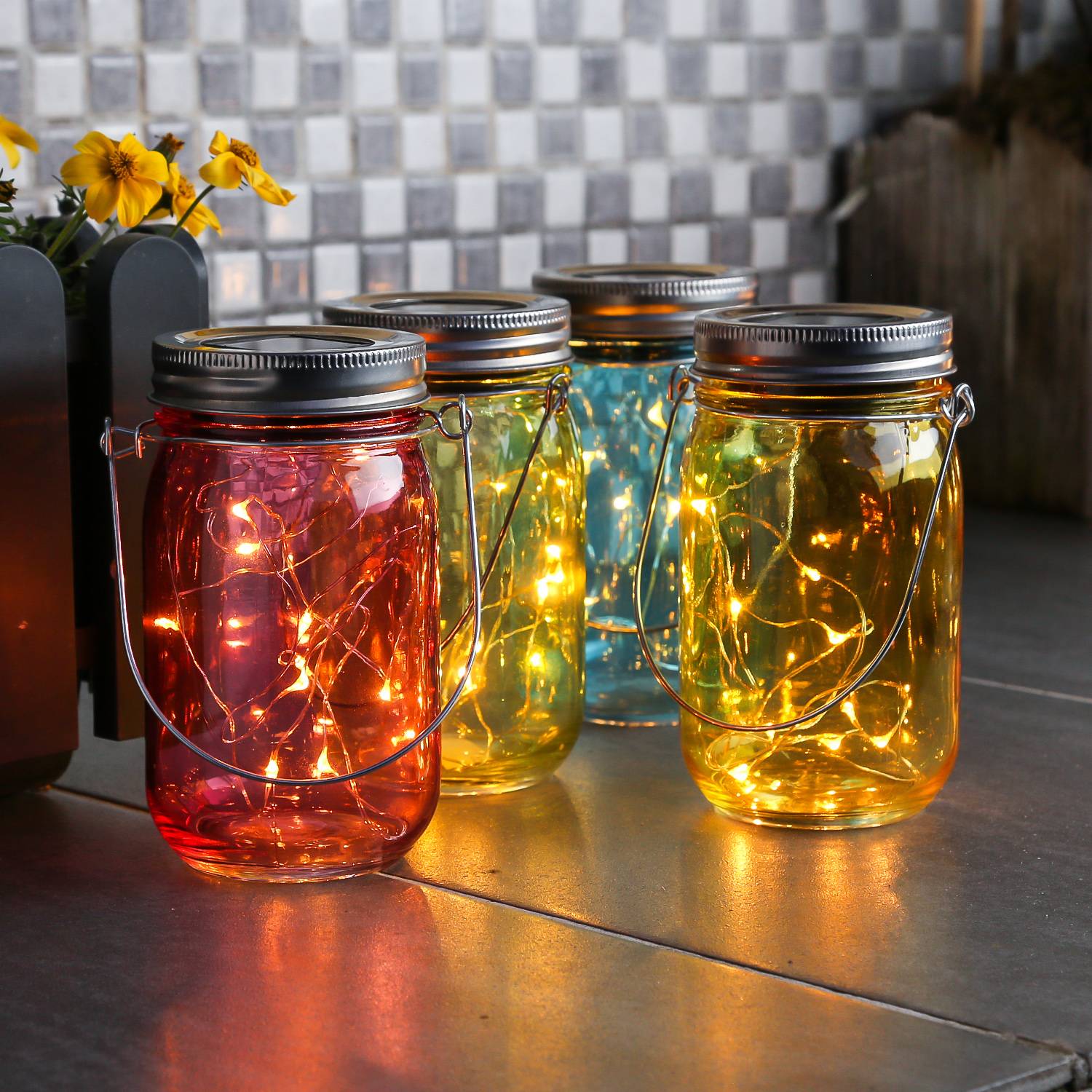 LED Solarglas Windlicht Laterne LED Einmachglas Tischleuchte Terrasse gelb