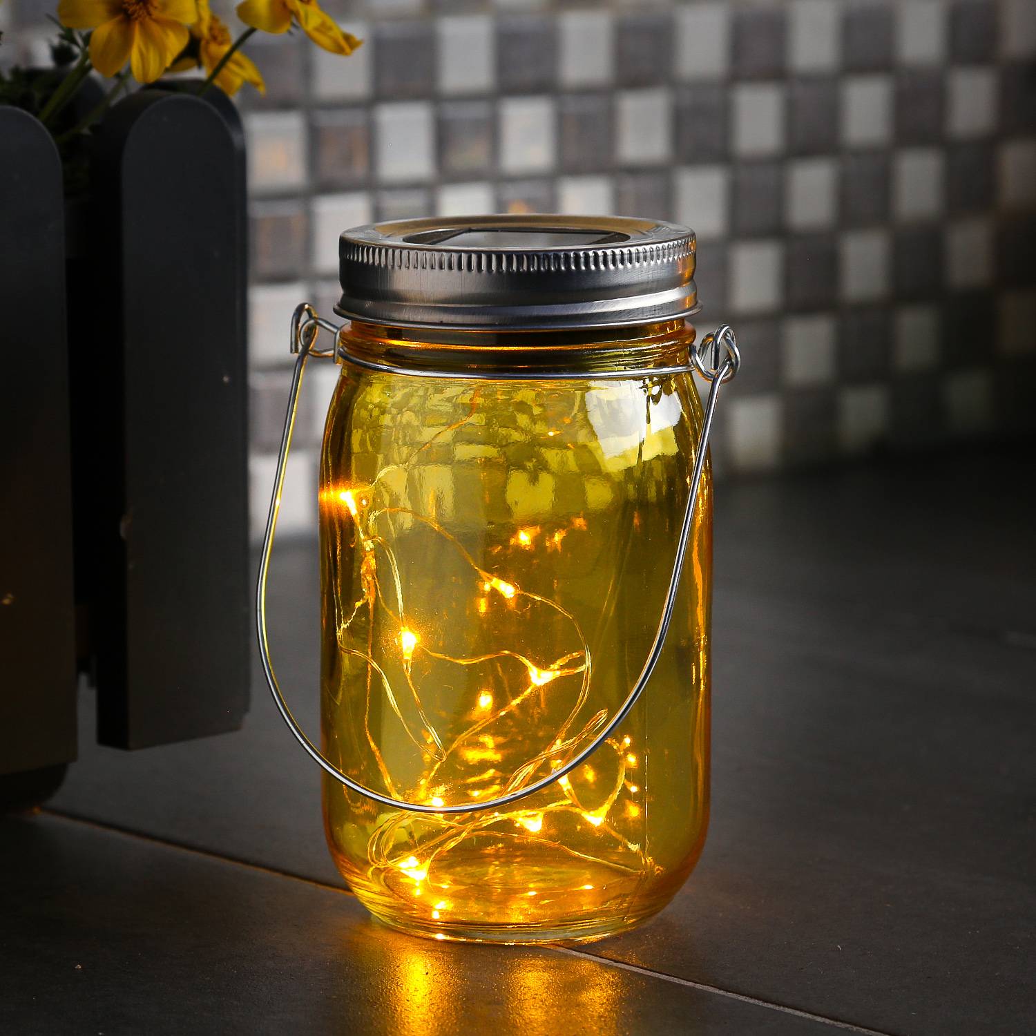 LED Solarglas Windlicht Laterne LED Einmachglas Tischleuchte Terrasse gelb