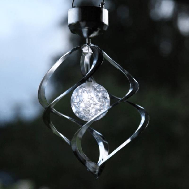 LED Solar Windspiel Spirale kaltweiße LED drehend und leuchtend silber