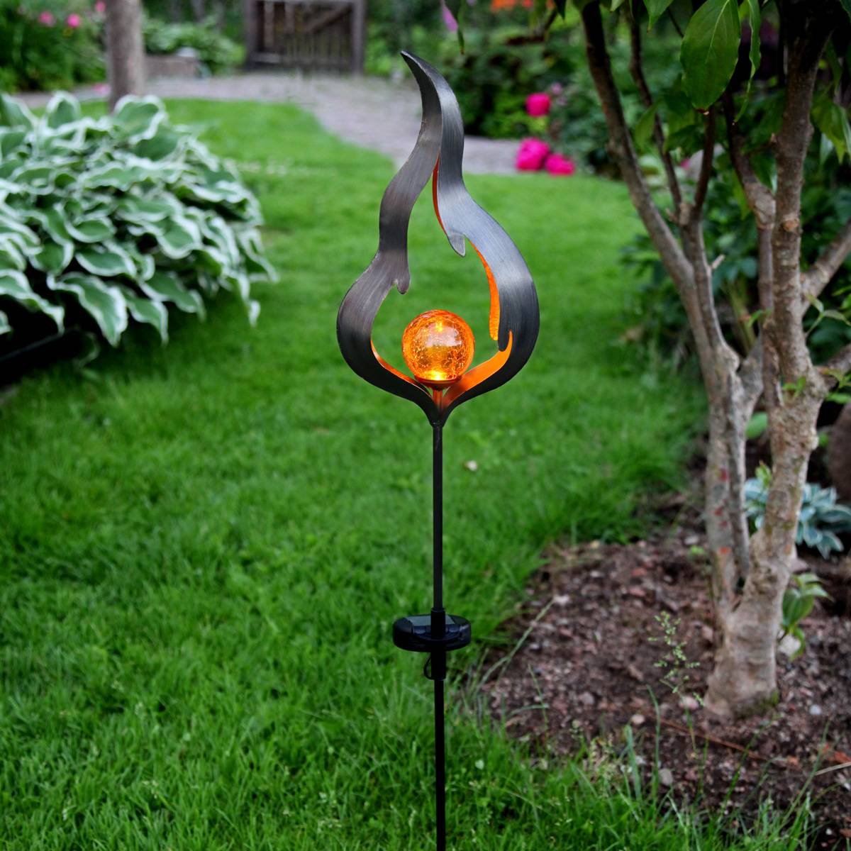 LED Solarstab "Feuer"- amber LED - Glaskugel in Flamme - H: 85cm - Sensor