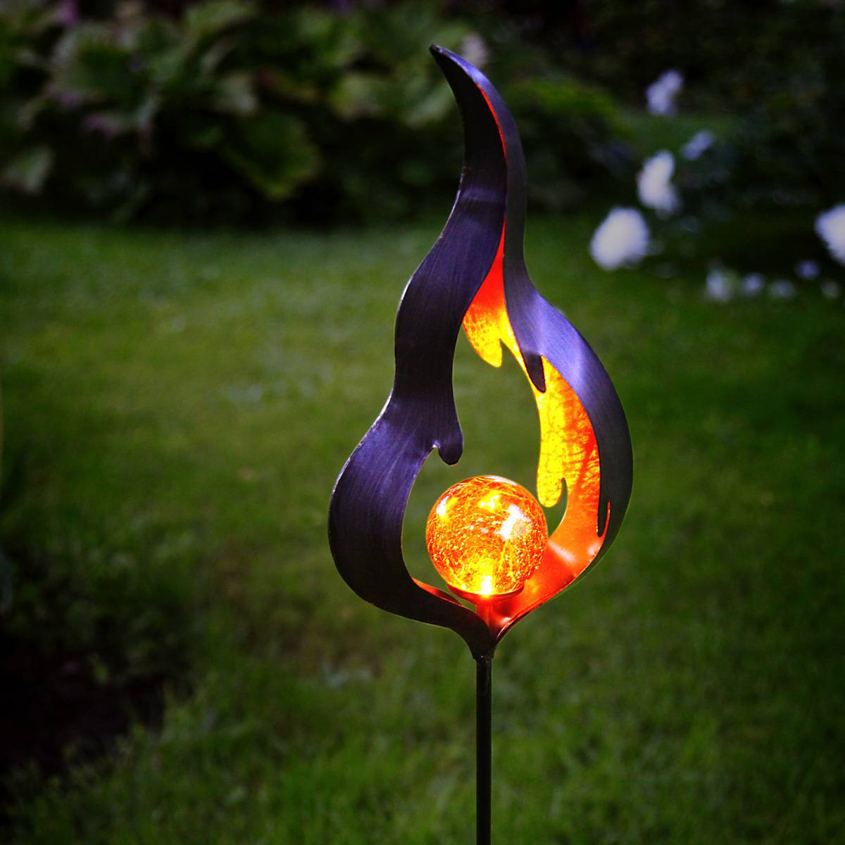 LED Solarstab "Feuer"- amber LED - Glaskugel in Flamme - H: 85cm - Sensor