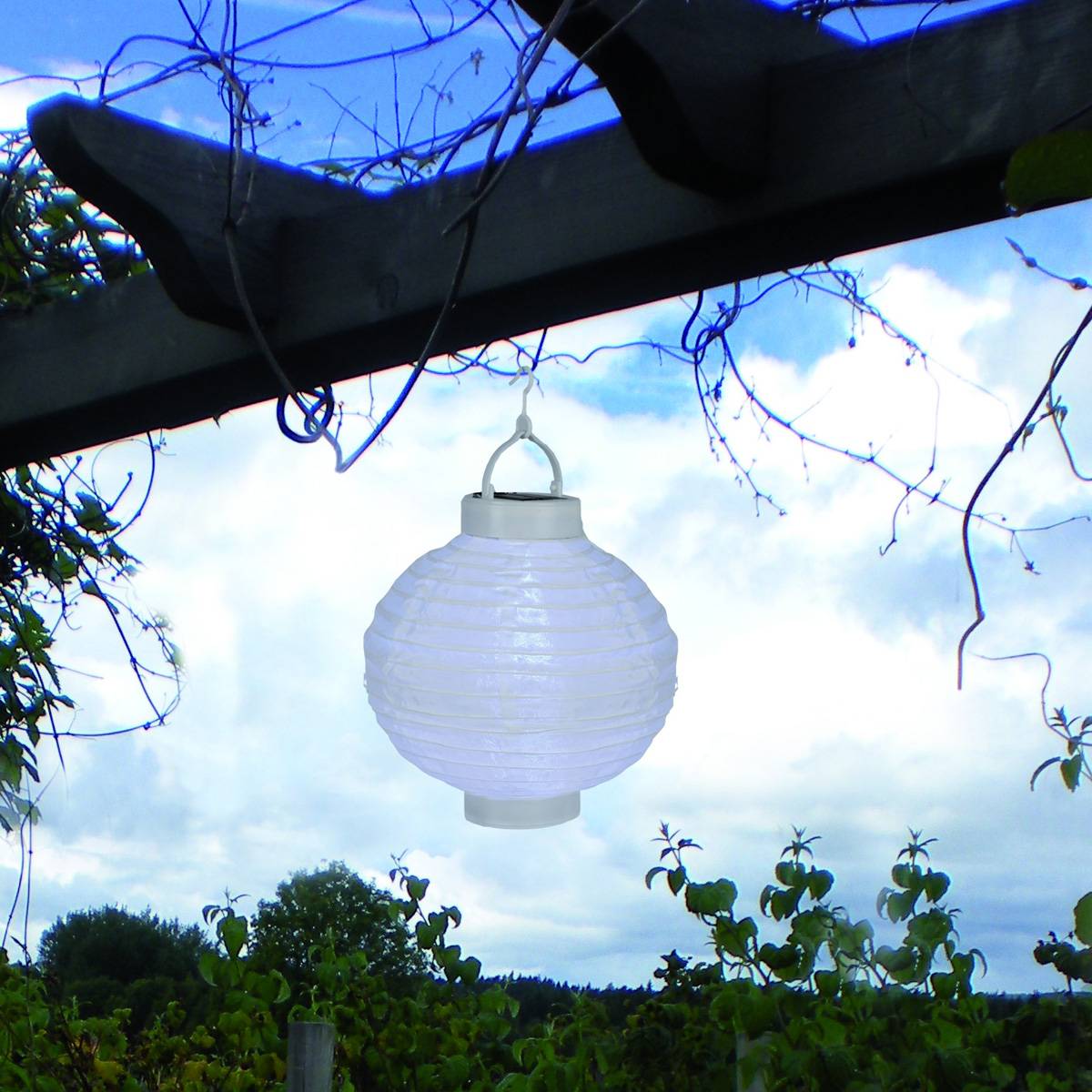 LED Solar Lampion Festival Hängeleuchte Balkon Terrasse D: 25cm Sensor weiß