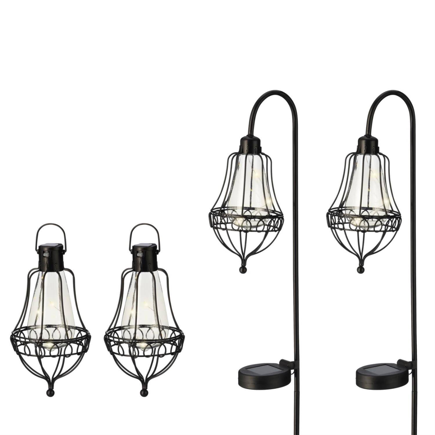 LED Solar Laternen Metall hängend Erdspieß Solarleuchten schwarz Sensor 4 Stück