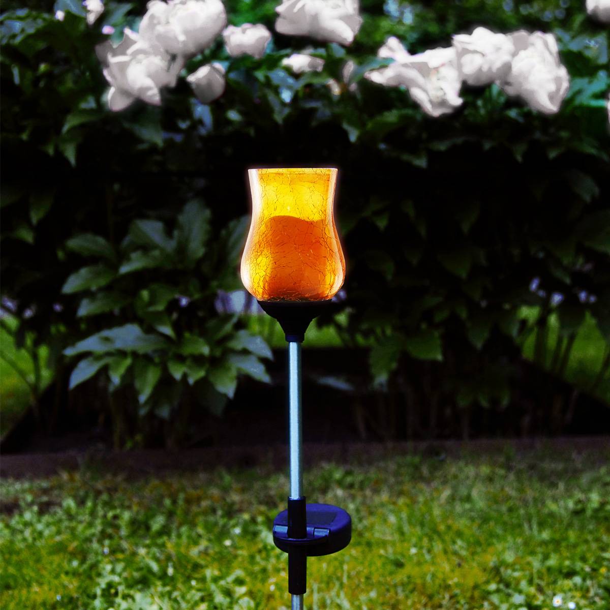LED Solarstab Gartenstecker Gartendekoration Kelch amber Glas Lichtsensor