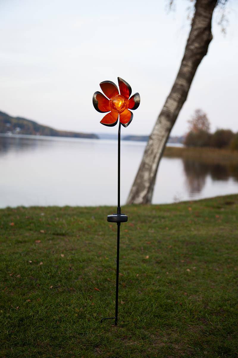 LED-Solarstab "Flora"- schwarz - amber LED - Glaskugel in Blüte - 84cm - Sensor