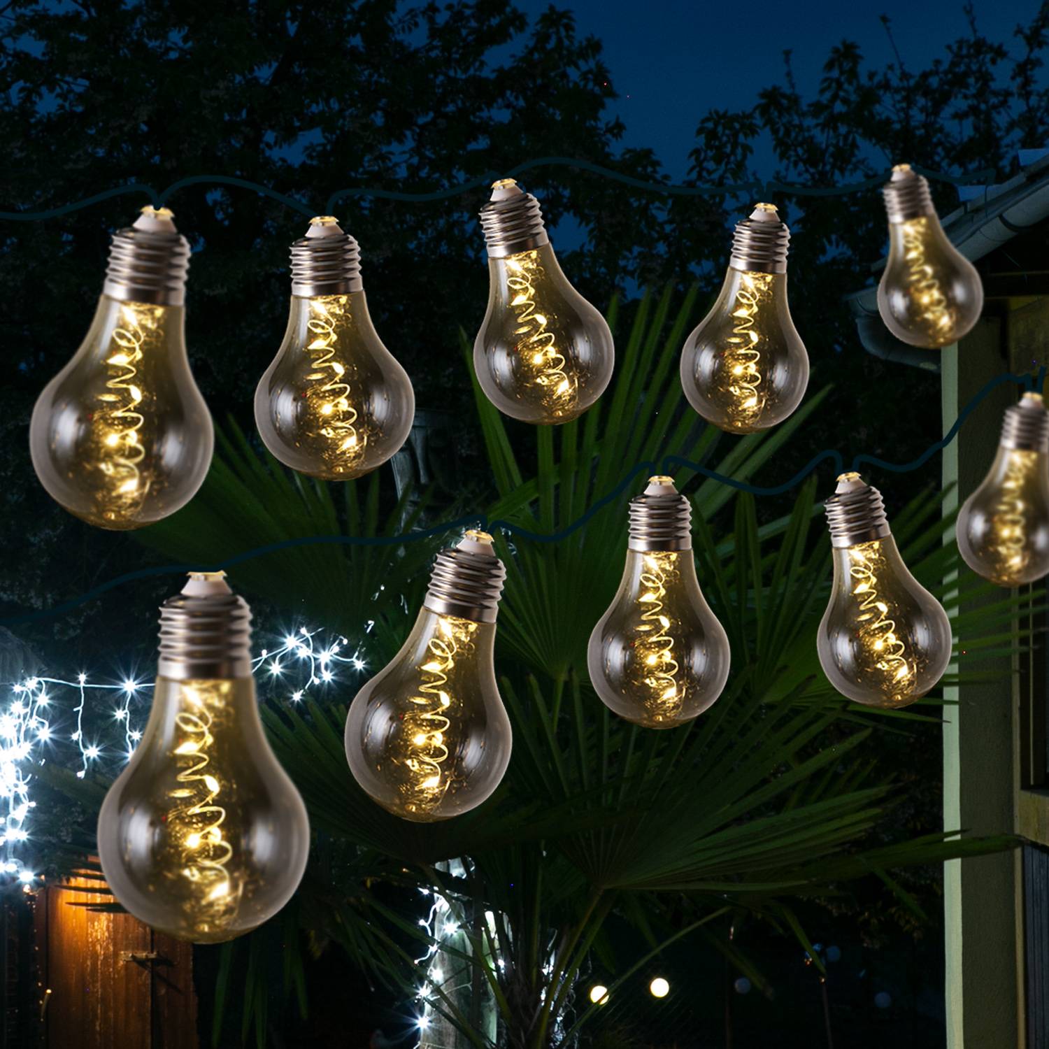 LED Solar Lichterkette 10 Glühbirne rauchig grau 4,5m 2Modi Retro Garten Balkon