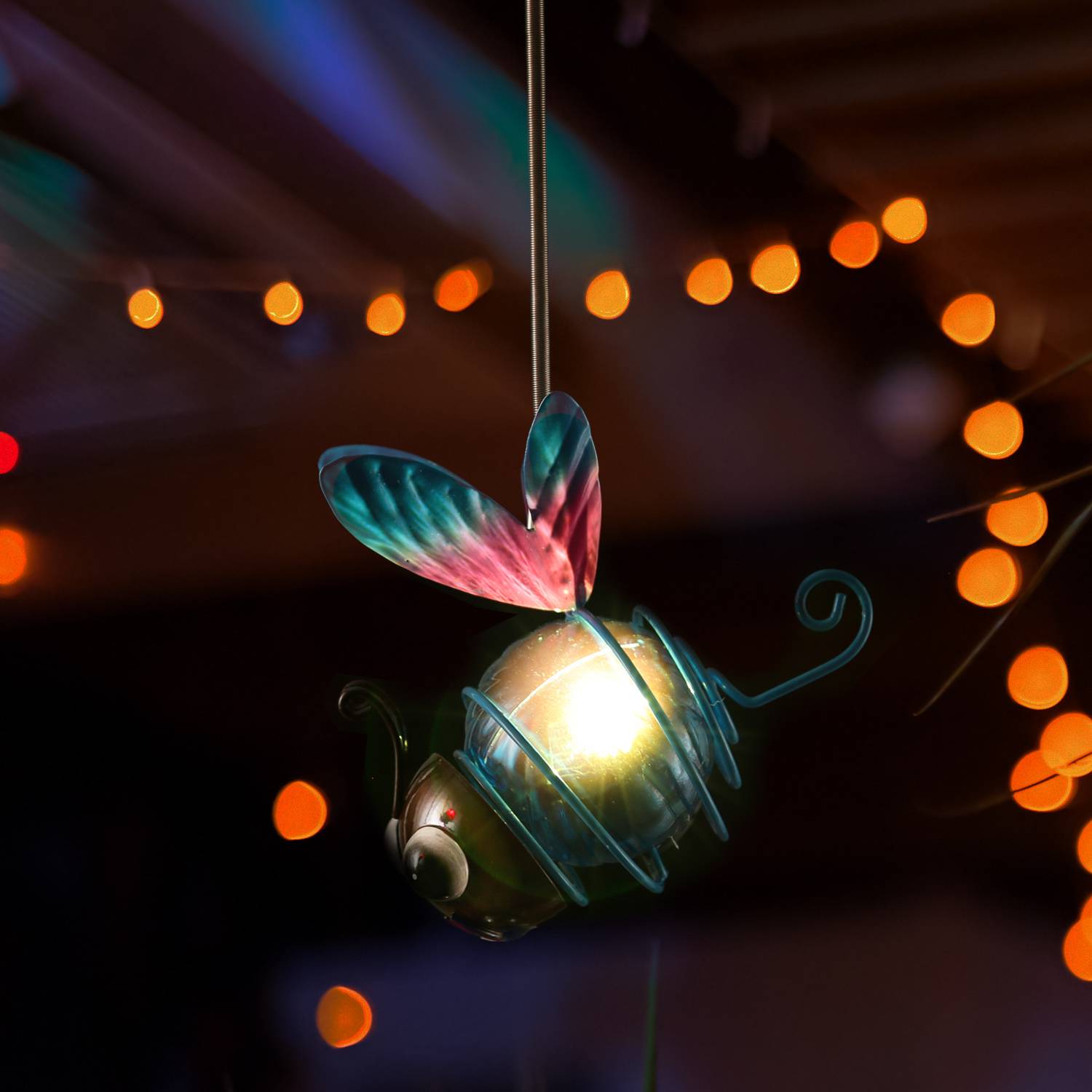 LED Solar Libelle hängend Schwingfigur mit Feder gelb Gartenfigur Gartendeko