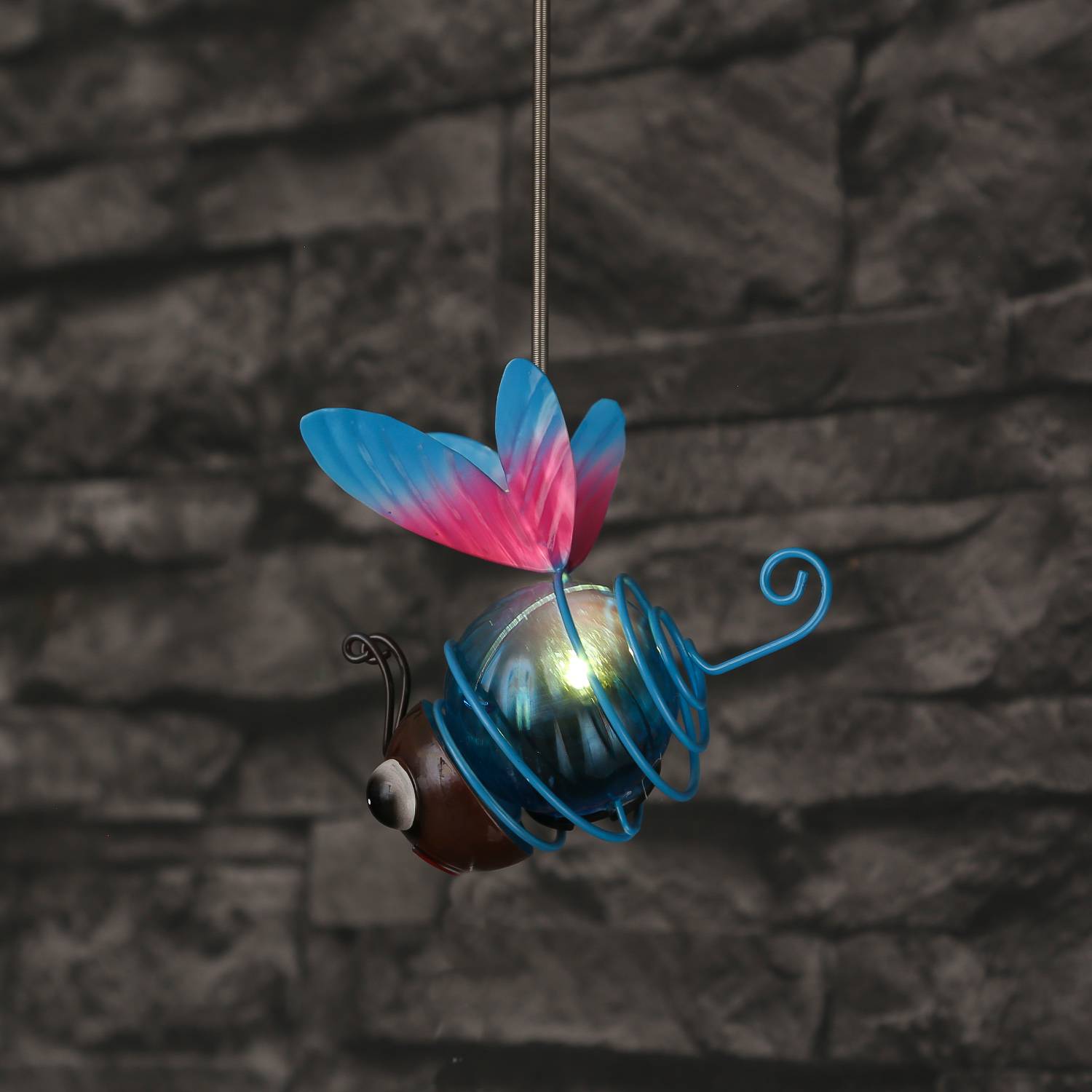 LED Solar Libelle hängend Schwingfigur mit Feder gelb Gartenfigur Gartendeko