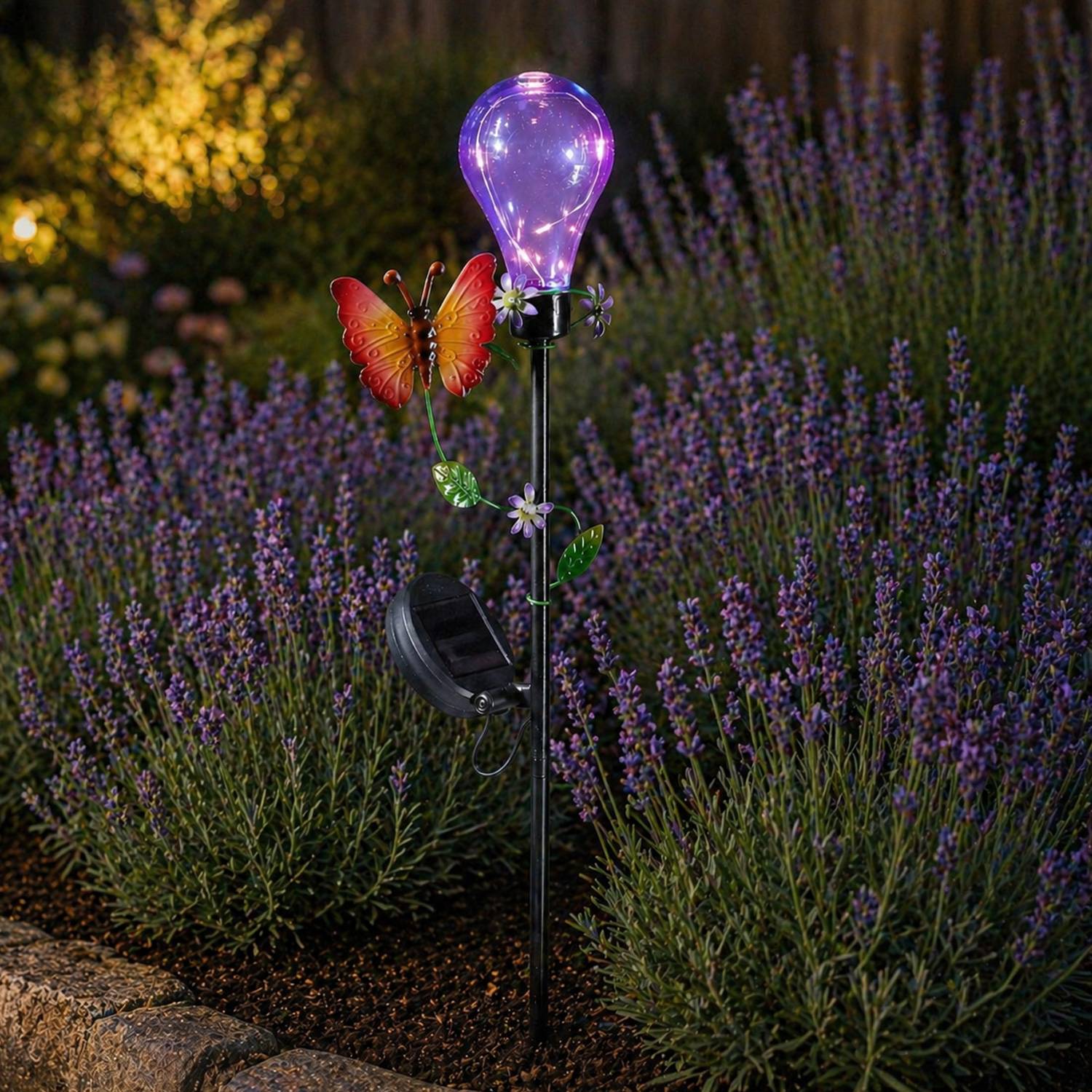 LED Solar Gartenstecker Schmetterling Erdspieß Glühbirne für Garten Balkon 84cm
