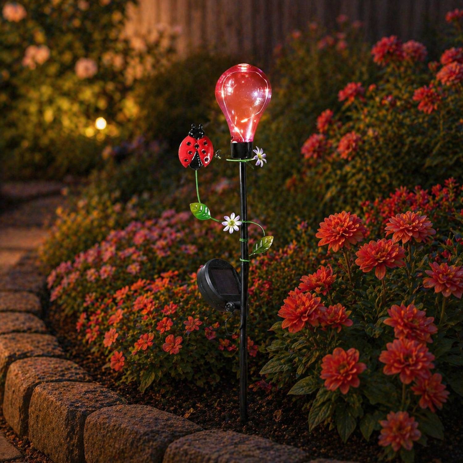 LED Solar Gartenstecker Marienkäfer Erdspieß Glühbirne für Garten Balkon H: 84cm