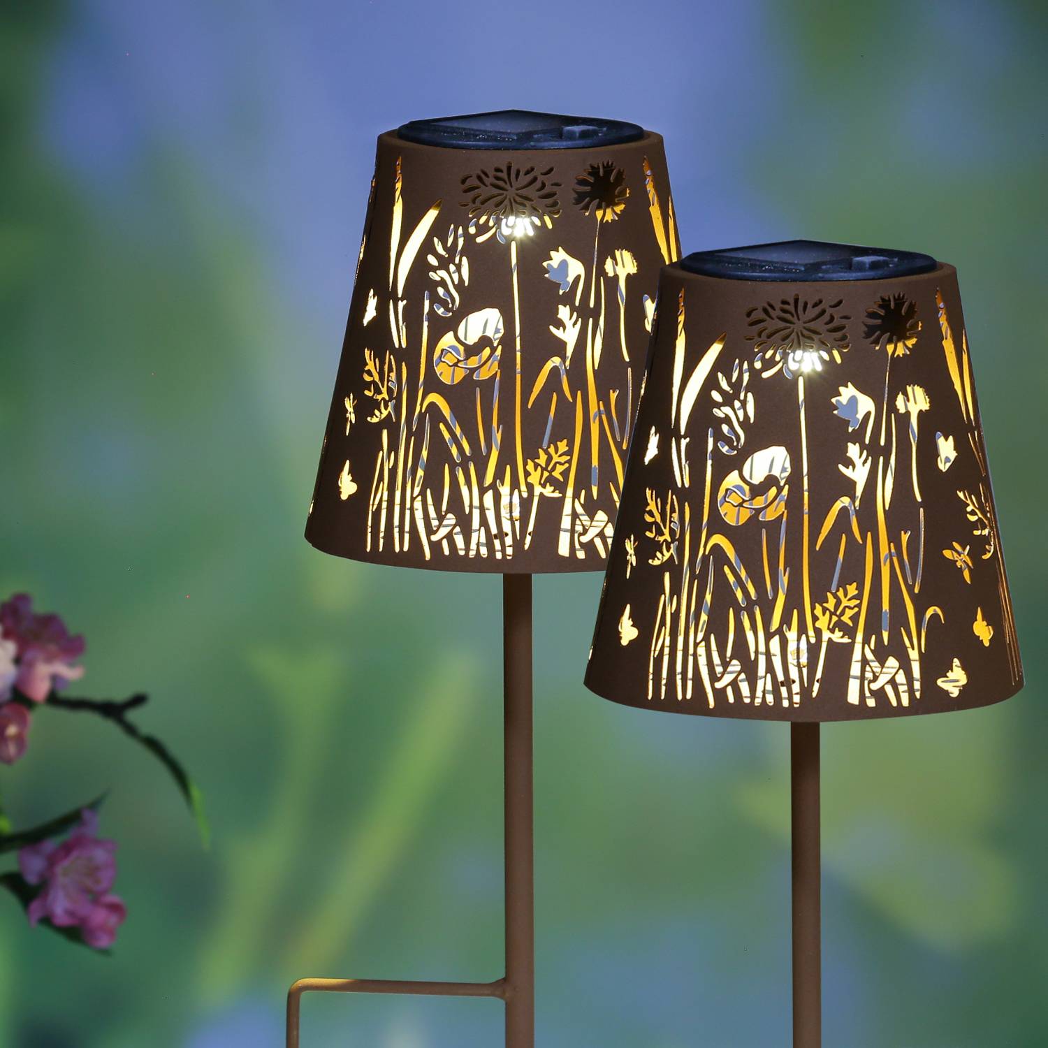 LED Solar Gartenleuchten Blumen Gartenstecker Erdspieß Wegleuchte rostbraun 2St.