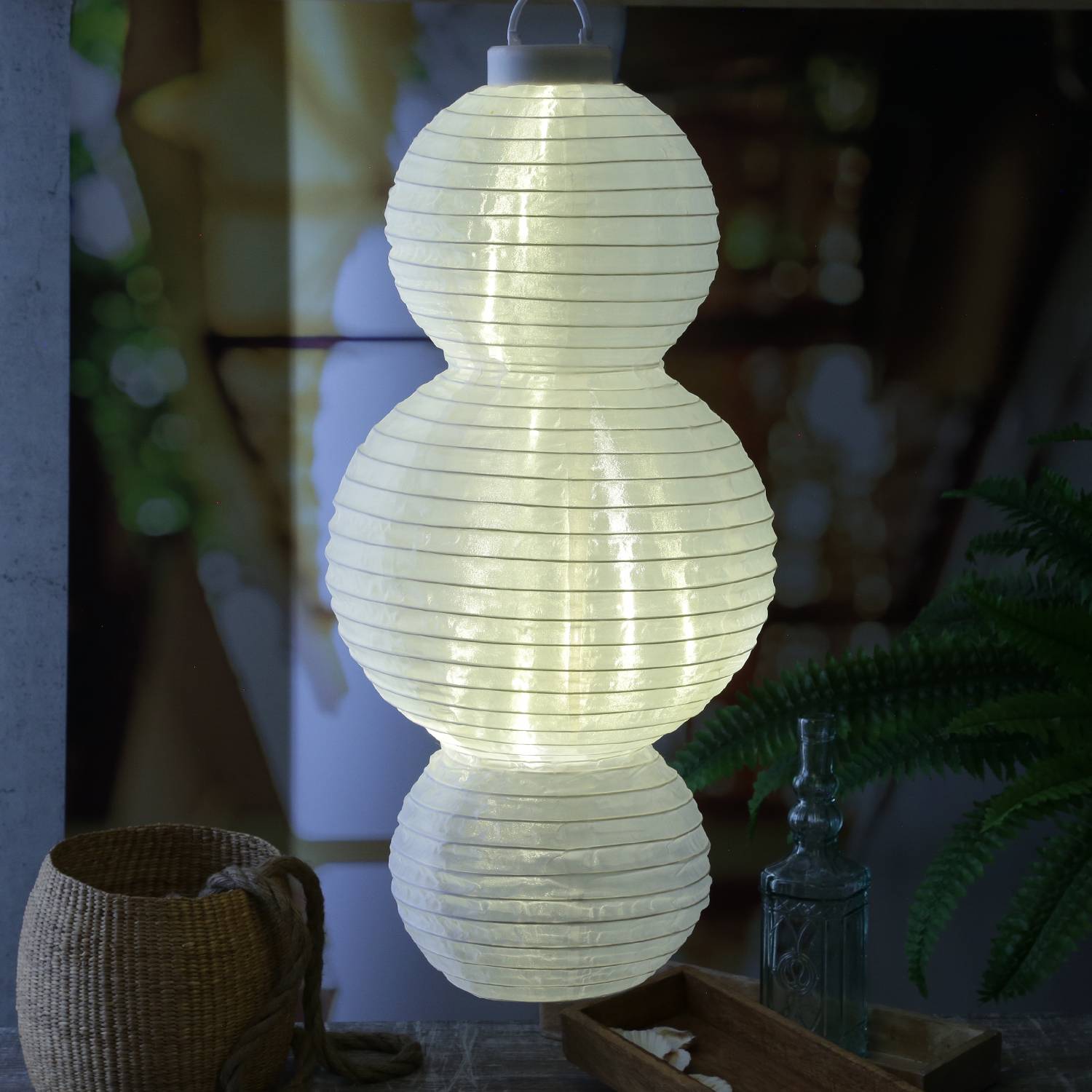 LED Solar Lampion H: 60cm Party Balkon Terrasse Garten Deko Laterne Sensor weiß