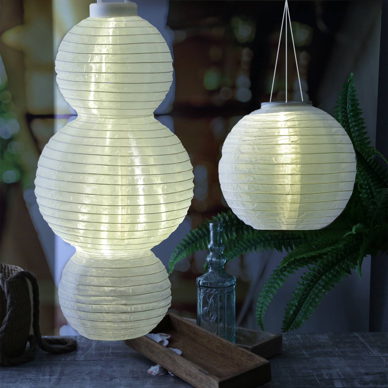 LED Solar Lampion H: 60cm Party Balkon Terrasse Garten Deko Laterne Sensor weiß