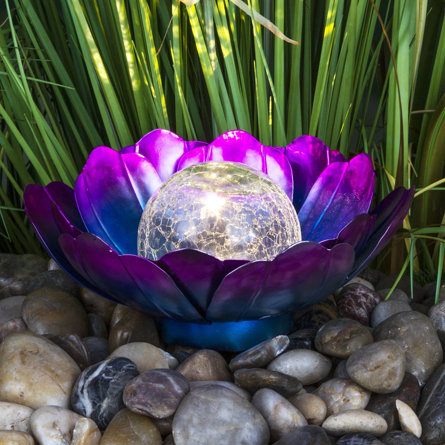LED Solar Lotusblüte Lotusblume Deko Solarleuchte Crackleglas Gartendeko lila