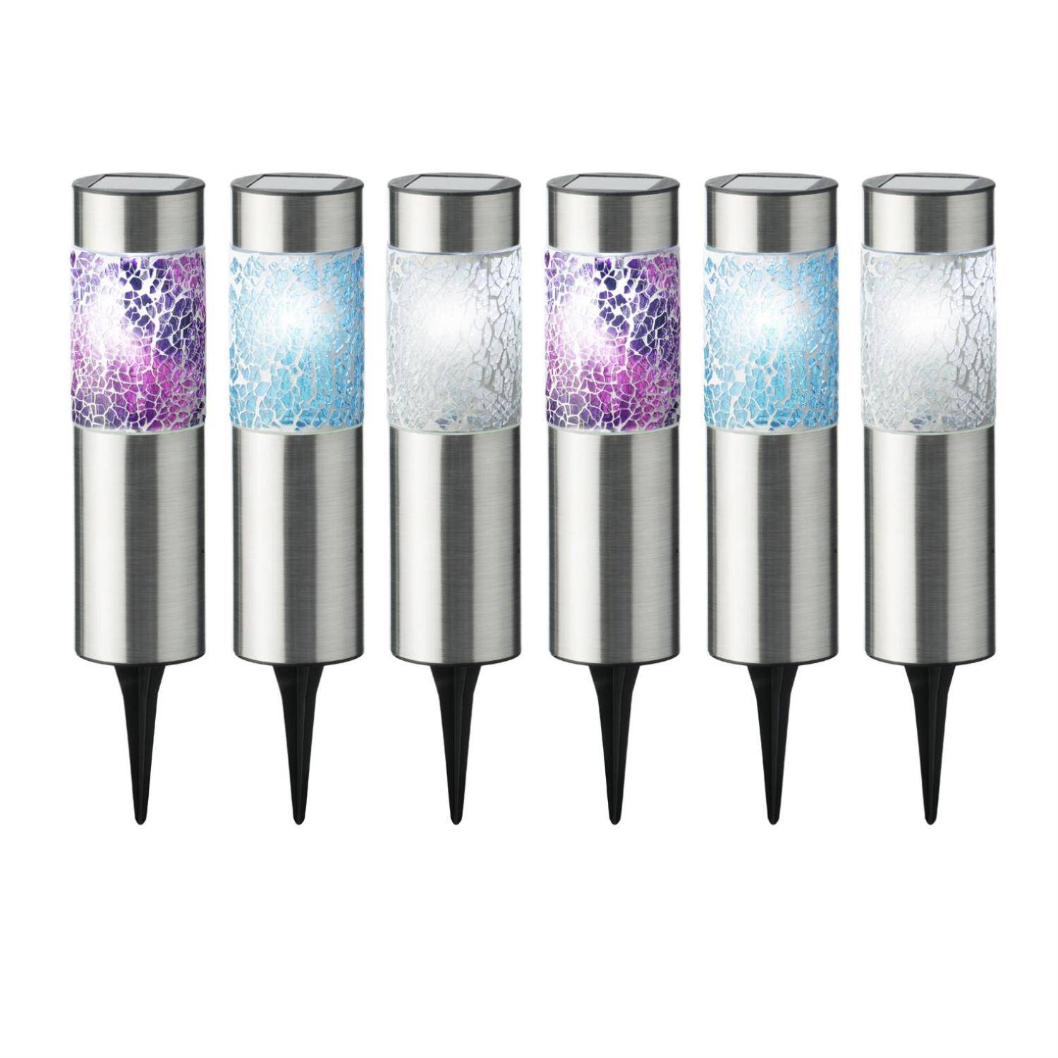 LED Solar Wegleuchten Mosaik Solarleuchten Edelstahl Garten Rasen silber 6er Set