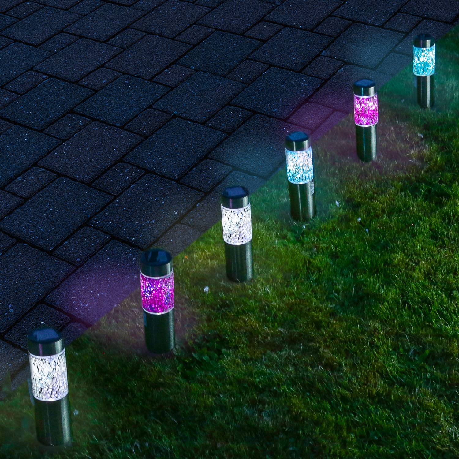 LED Solar Wegleuchten Mosaik Solarleuchten Edelstahl Rasen Garten silber 6er Set