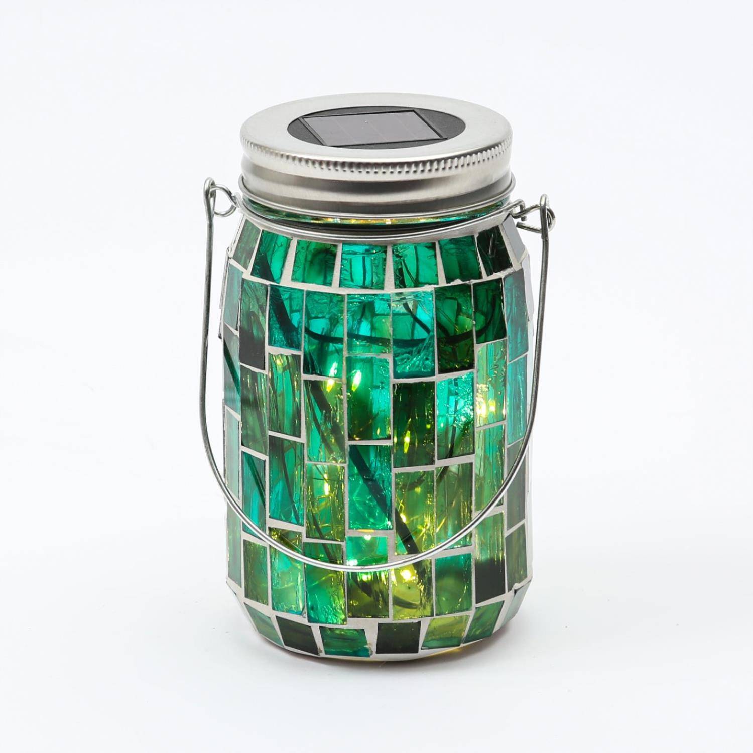 LED Solar Glas Einmachglas mit Mosaik Tischleuchte mit Henkel Lichtsensor grün