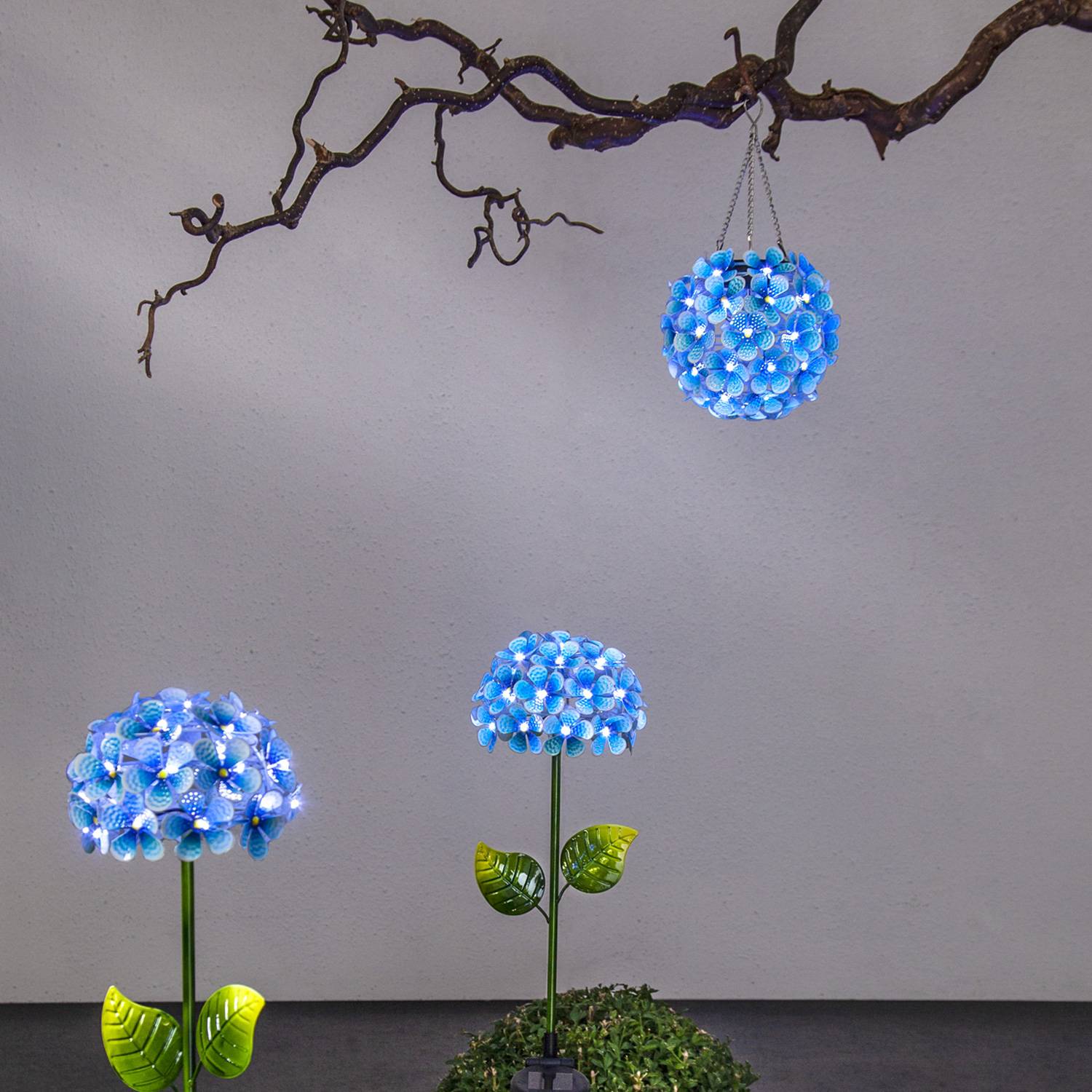 LED Solar Hängedeko Hortensie blau Blume Hängeleuchte Garten Balkon Terrasse
