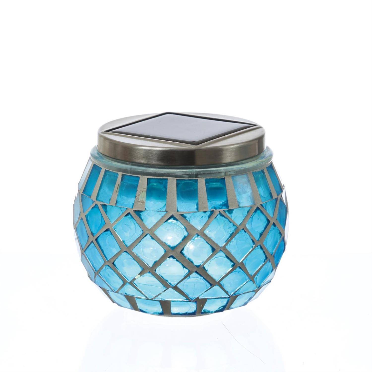 LED Solar Windlicht Mosaik Solarglas Solarleuchte Mosaikleuchte Tischlampe blau