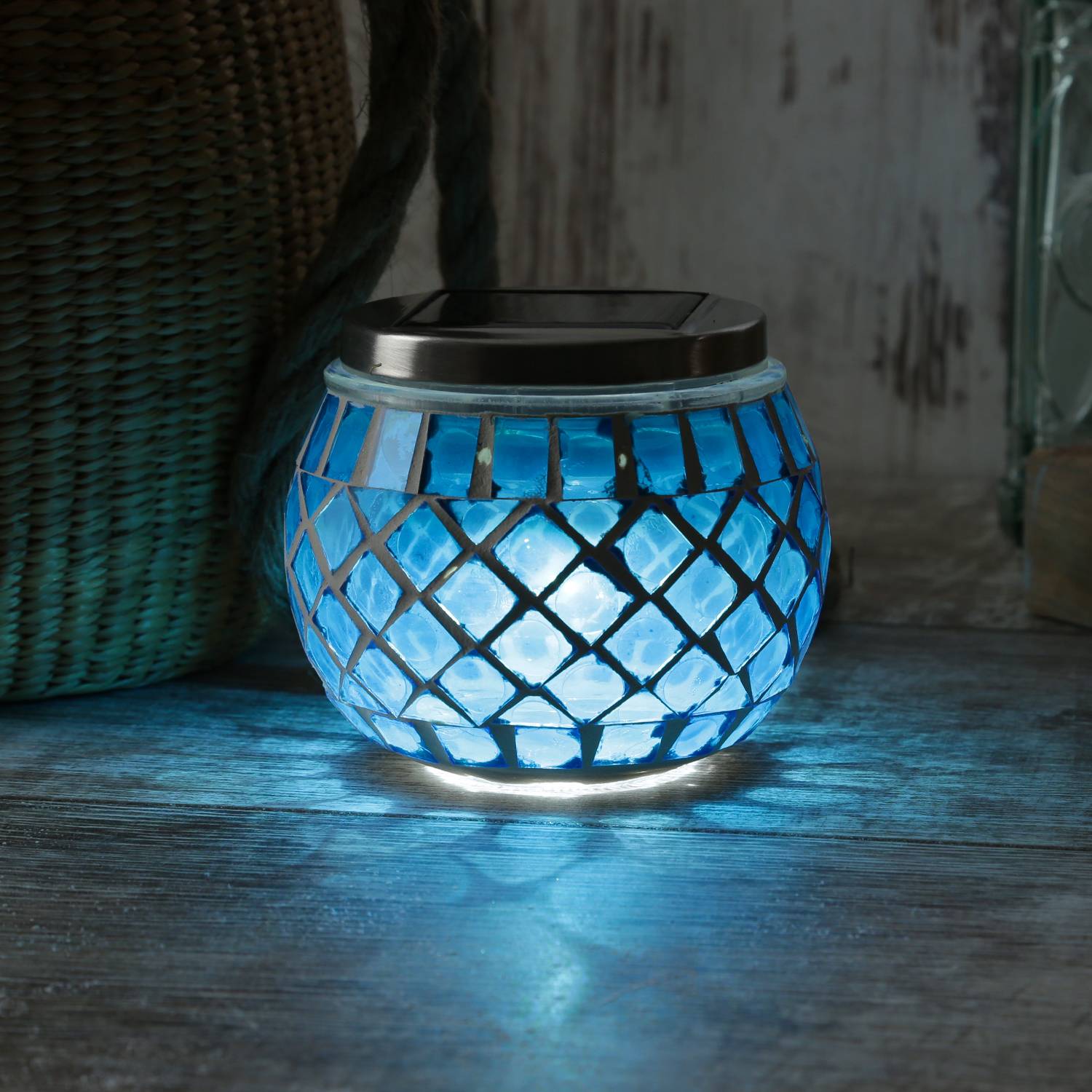 LED Solar Windlicht Mosaik Solarglas Solarleuchte Mosaikleuchte Tischlampe blau