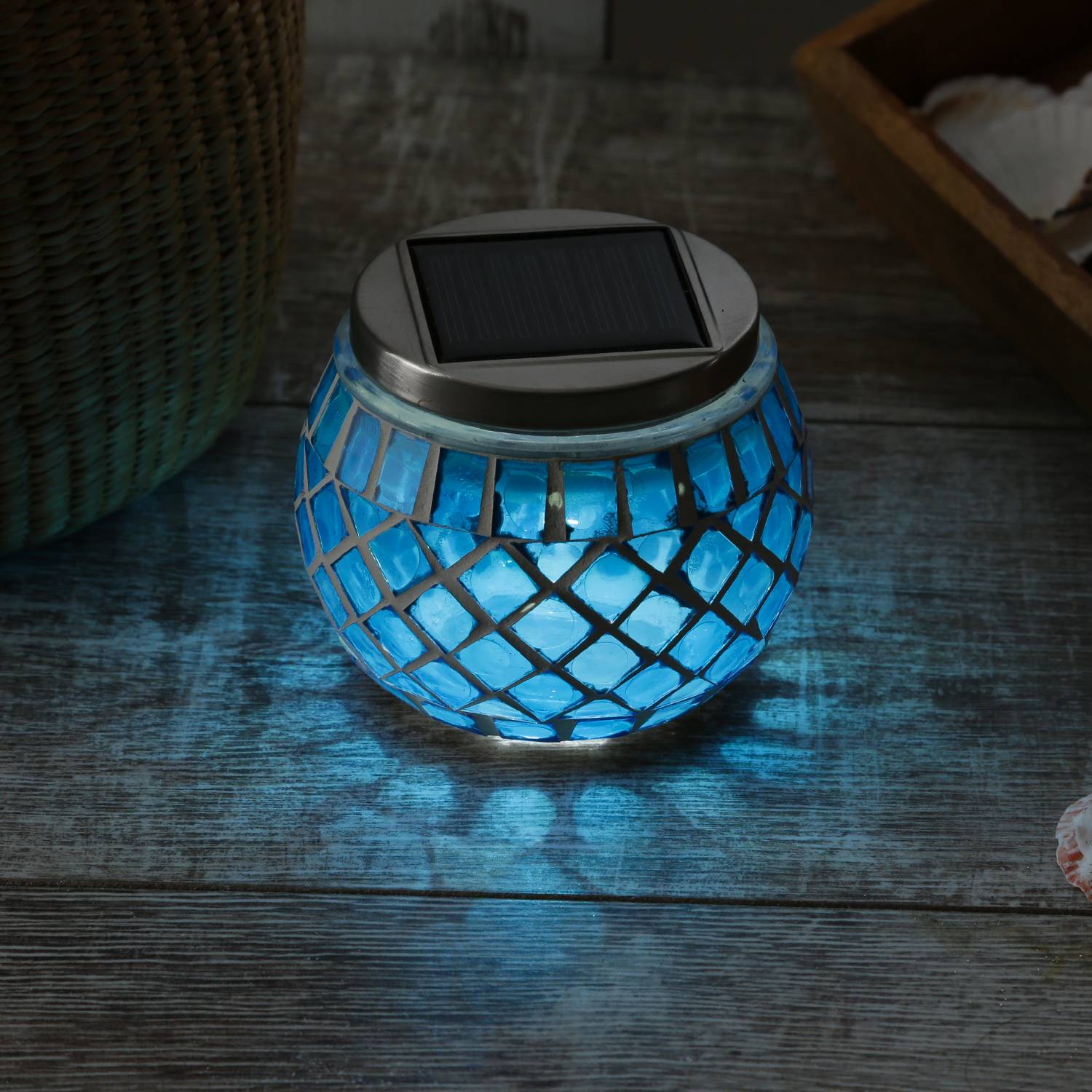 LED Solar Windlicht Mosaik Solarglas Solarleuchte Mosaikleuchte Tischlampe blau