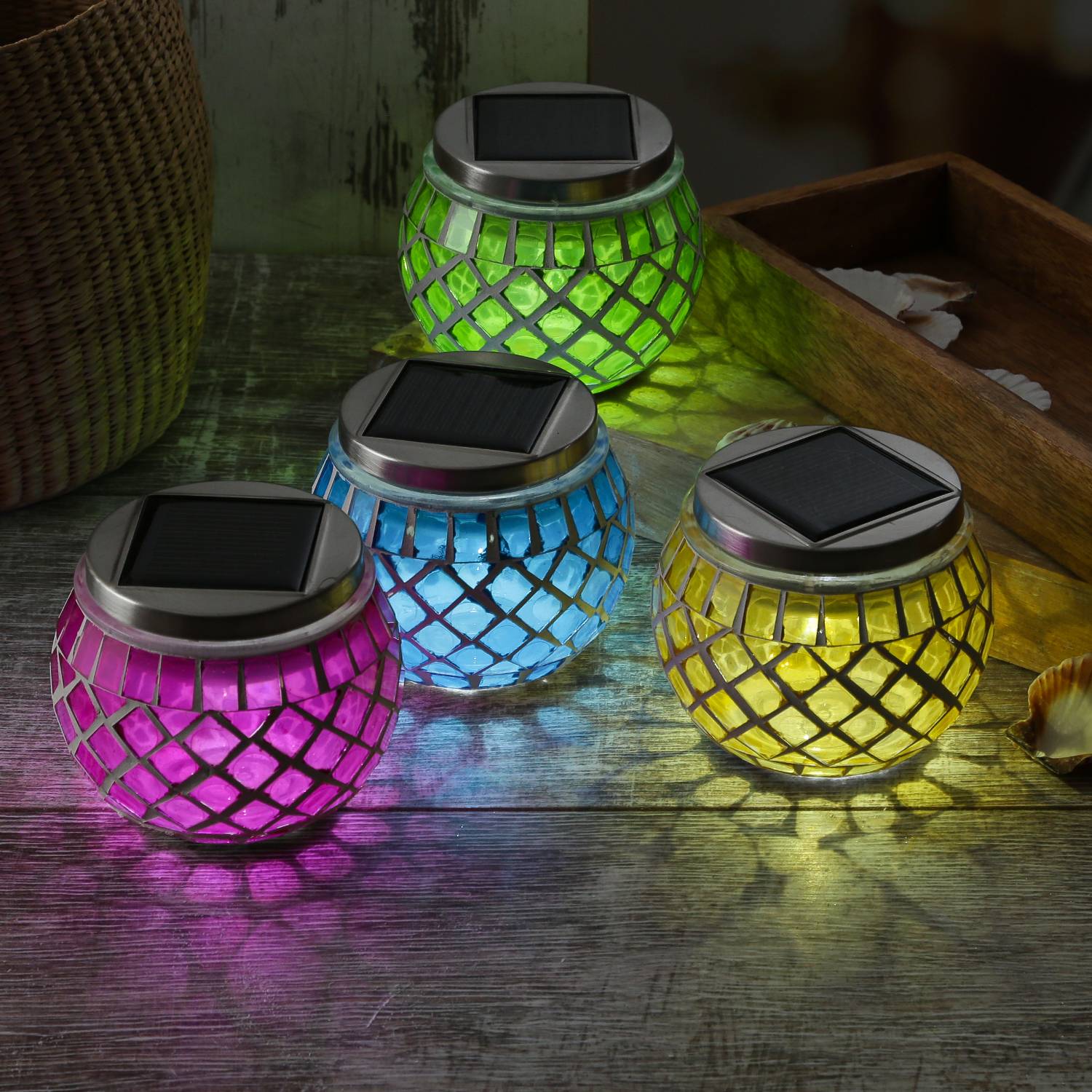 LED Solar Windlicht Mosaik Solarglas Solarleuchte Mosaikleuchte Tischlampe pink