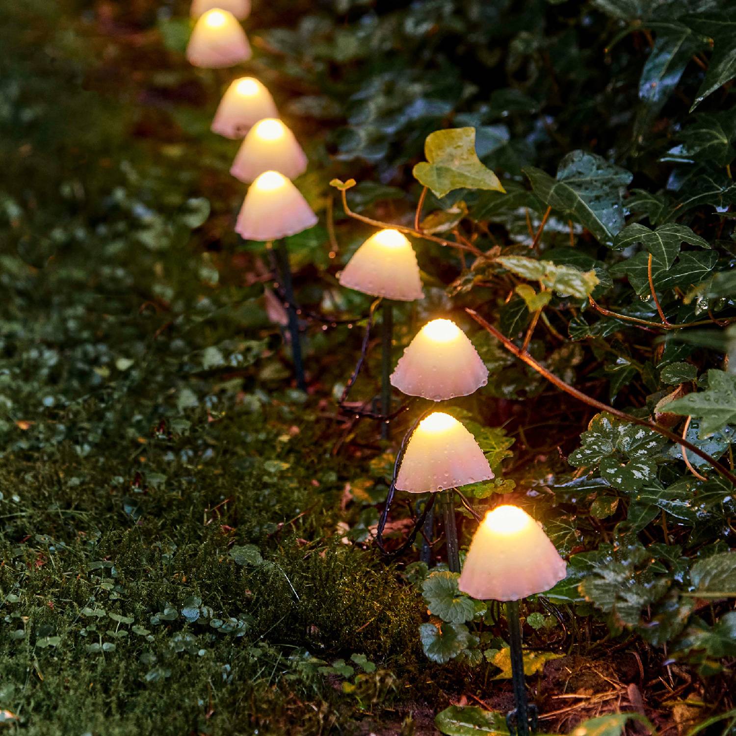 LED Solar Lichterkette Mini Pilze 10 Gartenstecker für Garten 8 Funkt. Sensor