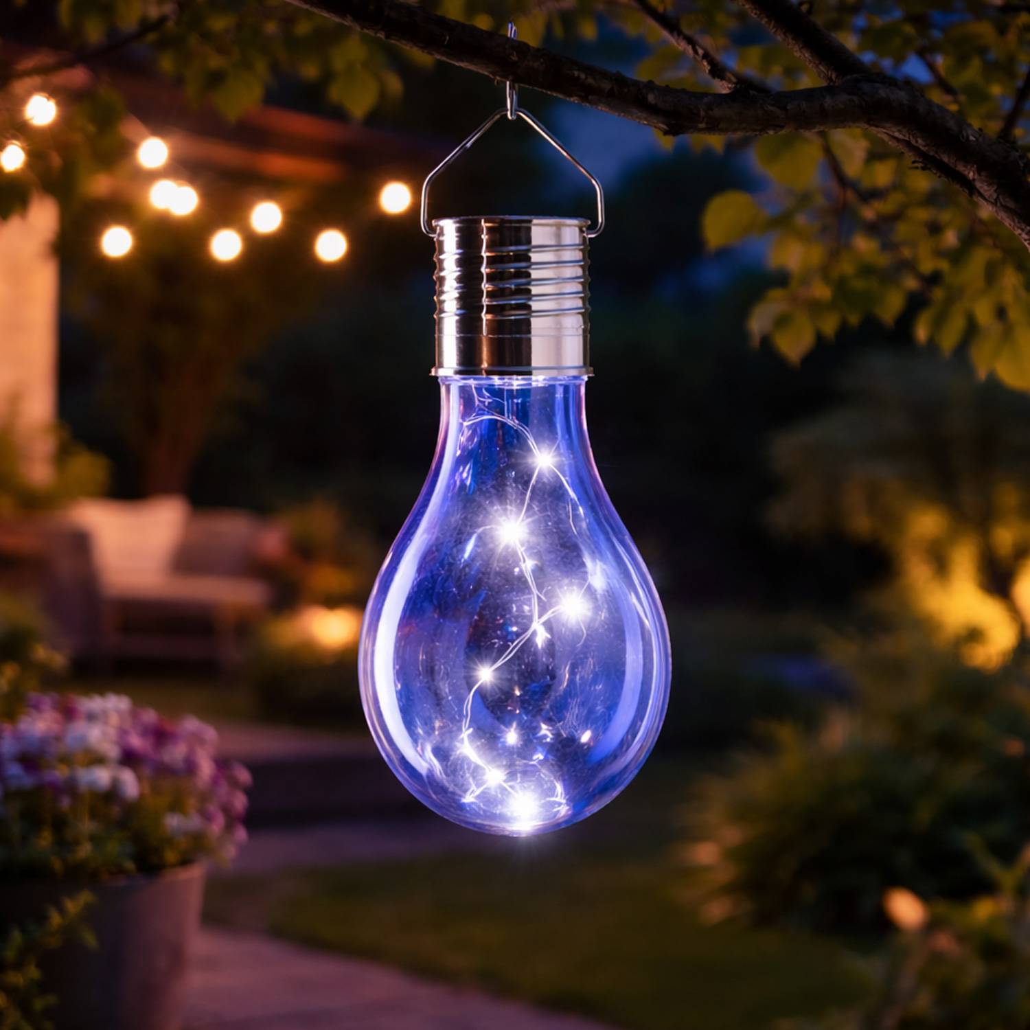 LED Solar Glühbirne m. Lichterkette Solarleuchte Balkon Garten Terrasse blau