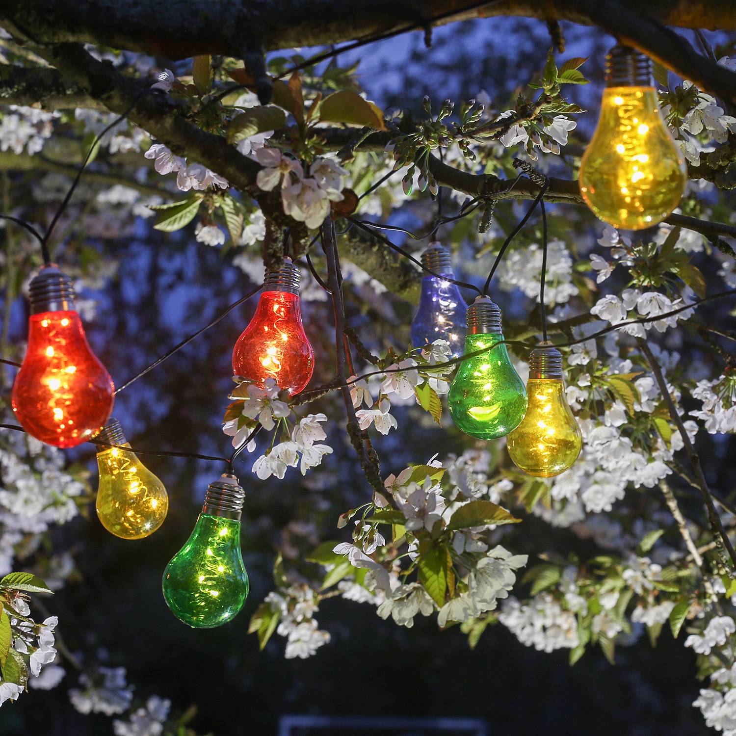 LED Solar Lichterkette 10 bunte Glühbirnen 4,5m Dauer Blinklicht Garten Retro