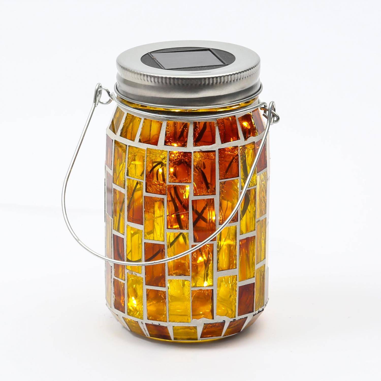 LED Solar Glas Einmachglas mit Mosaik Tischleuchte mit Henkel Lichtsensor gelb