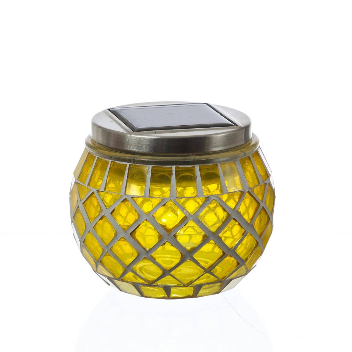 LED Solar Windlicht Mosaik Solarglas Solarleuchte Mosaikleuchte Tischlampe gelb