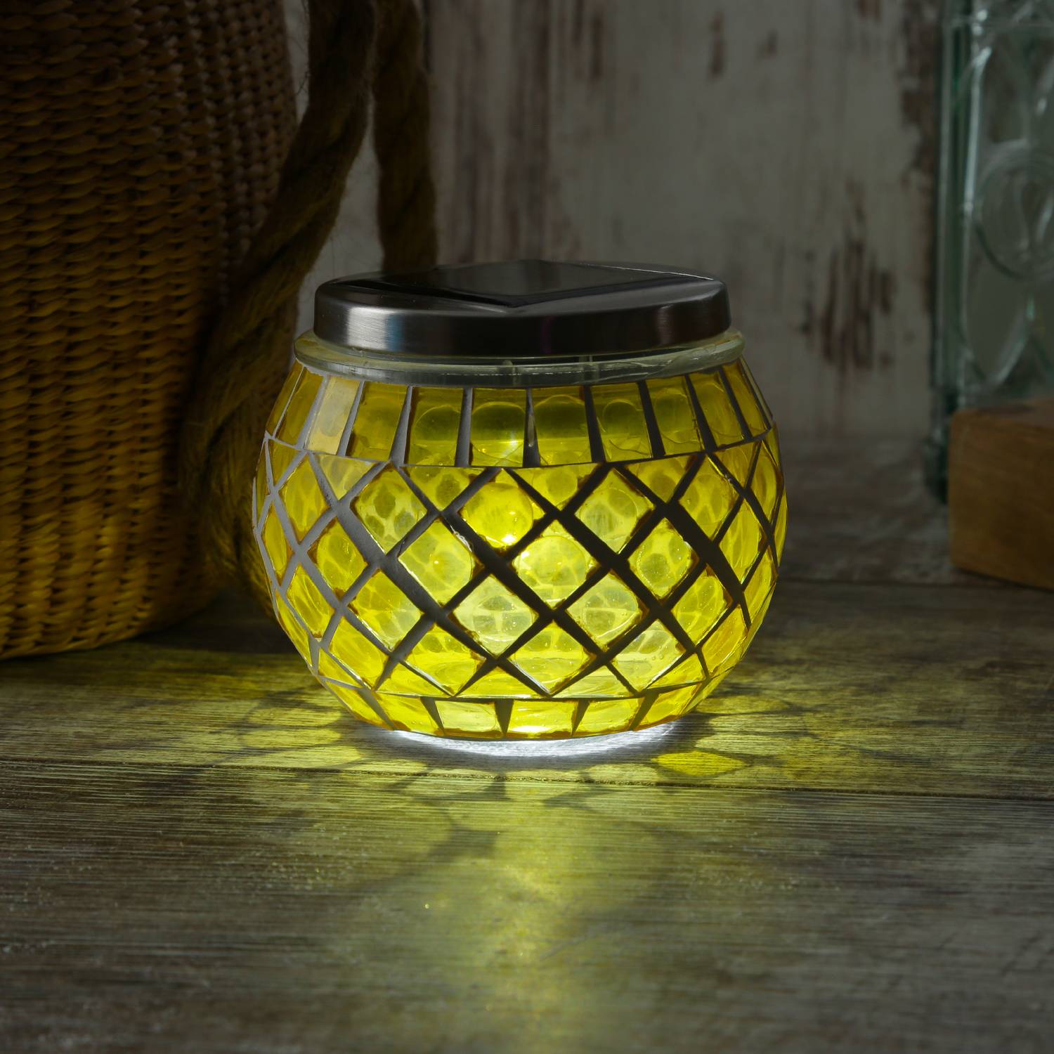 LED Solar Windlicht Mosaik Solarglas Solarleuchte Mosaikleuchte Tischlampe gelb