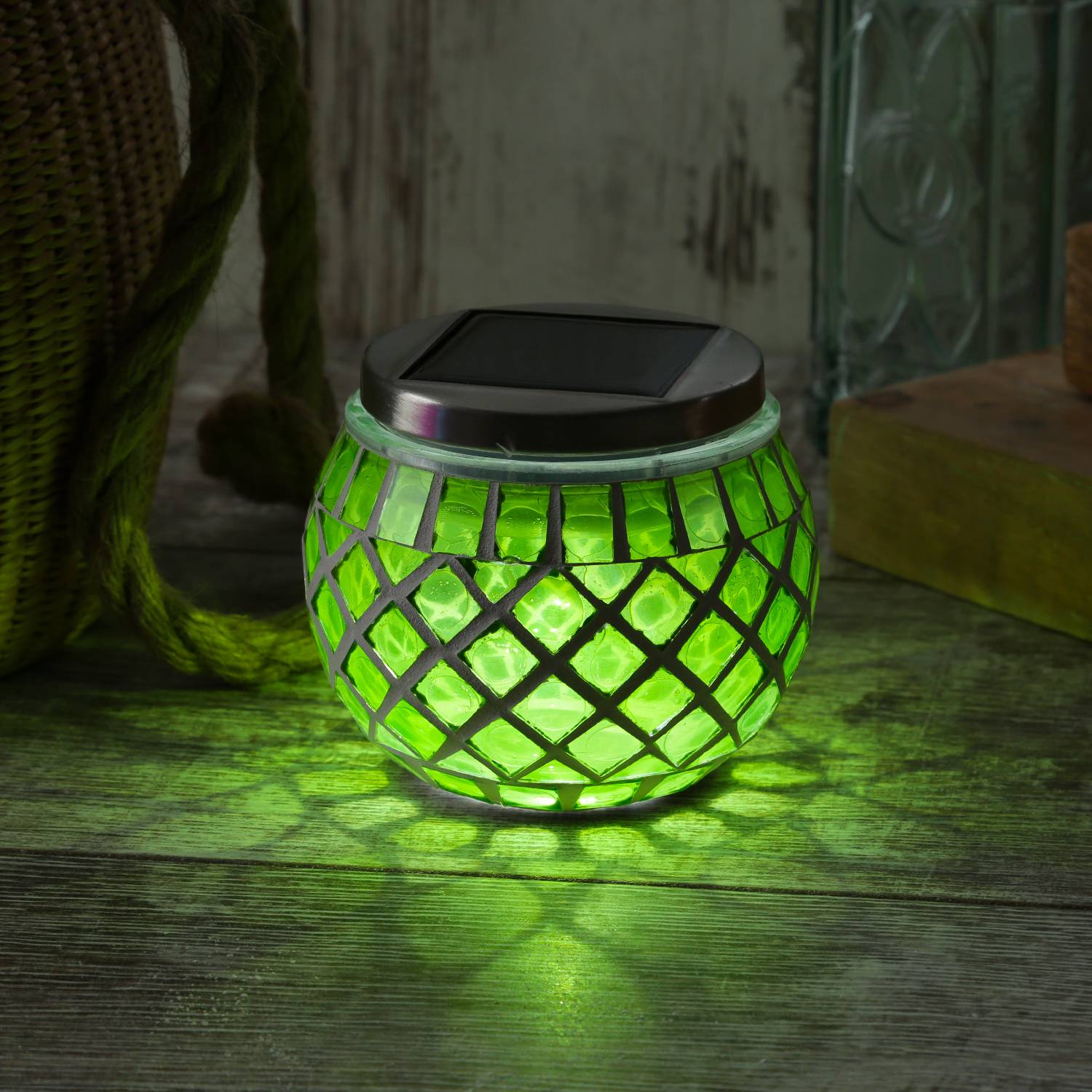 LED Solar Windlicht Mosaik Solarglas Solarleuchte Mosaikleuchte Tischlampe grün