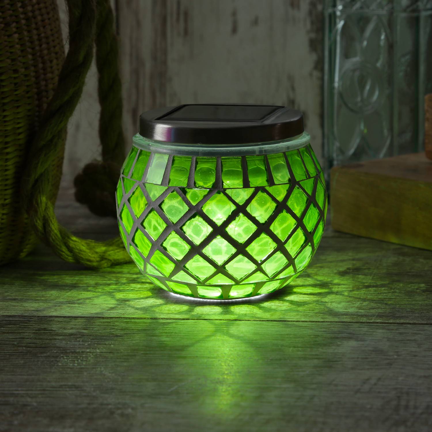 LED Solar Windlicht Mosaik Solarglas Solarleuchte Mosaikleuchte Tischlampe grün