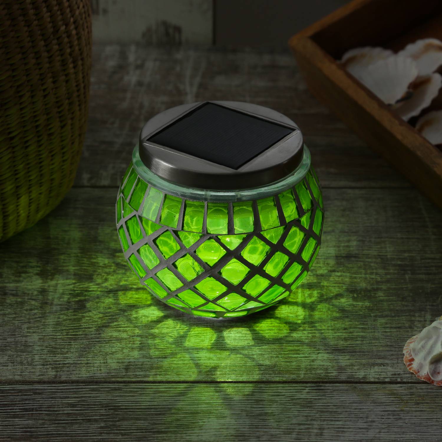 LED Solar Windlicht Mosaik Solarglas Solarleuchte Mosaikleuchte Tischlampe grün
