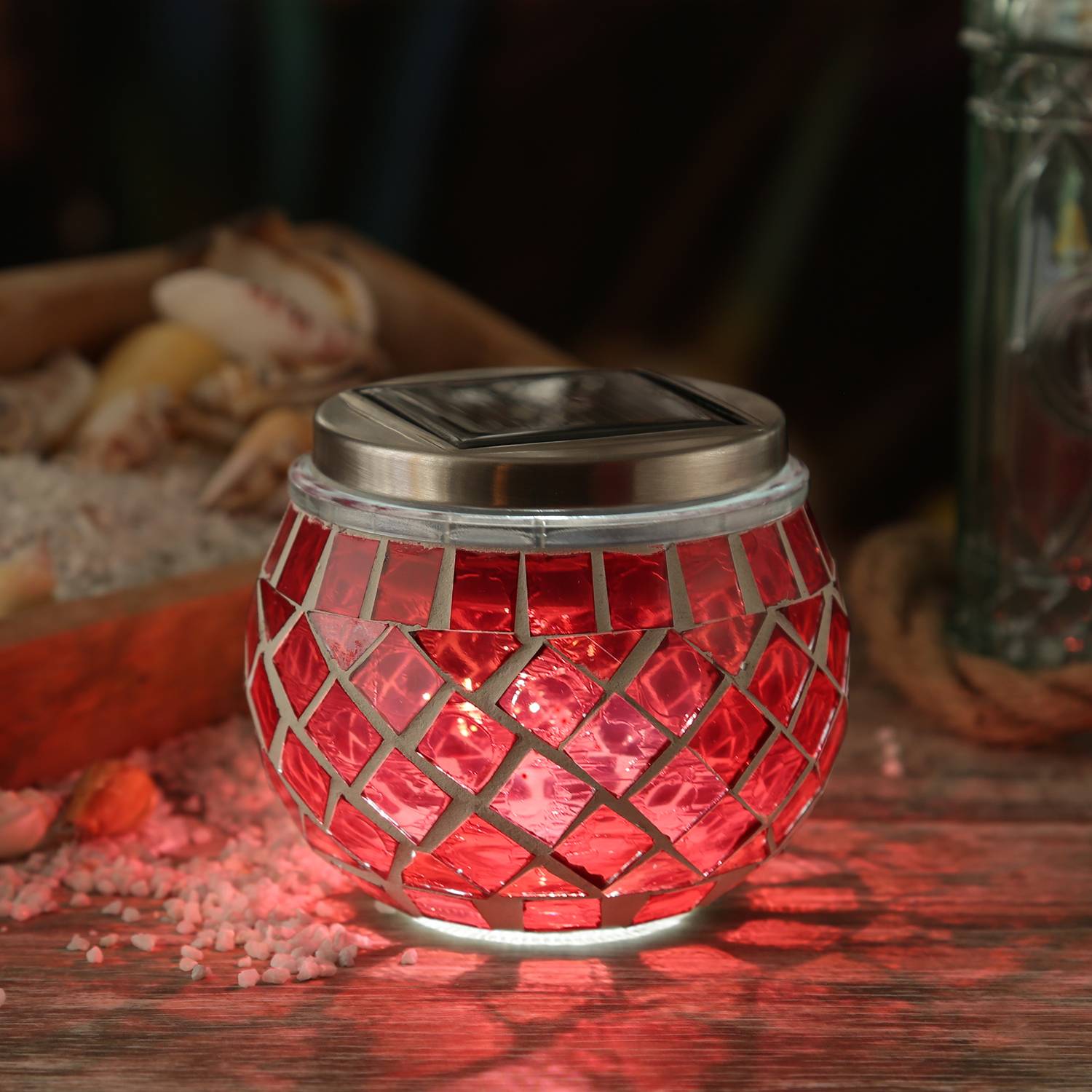 LED Solar Windlicht Mosaik Solarglas Solarleuchte Mosaikleuchte Tischlampe rot