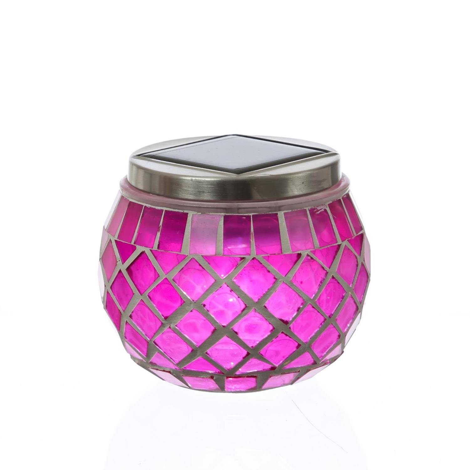 LED Solar Windlicht Mosaik Solarglas Solarleuchte Mosaikleuchte Tischlampe pink