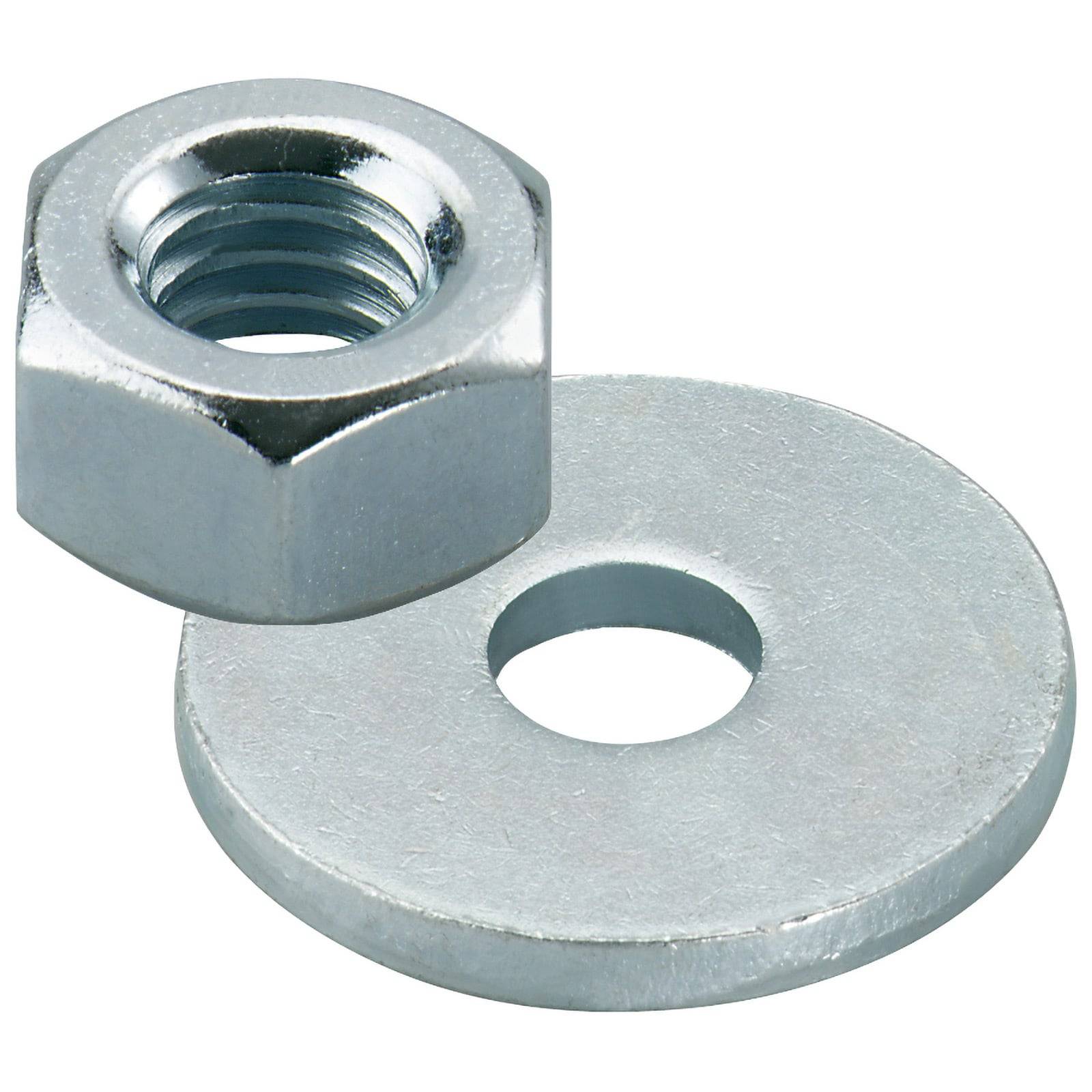 Eine Sechskantmutter aus Metall und eine Unterlegscheibe werden präsentiert, die grundlegende Hardwarekomponenten für mechanische Montagen veranschaulichen.